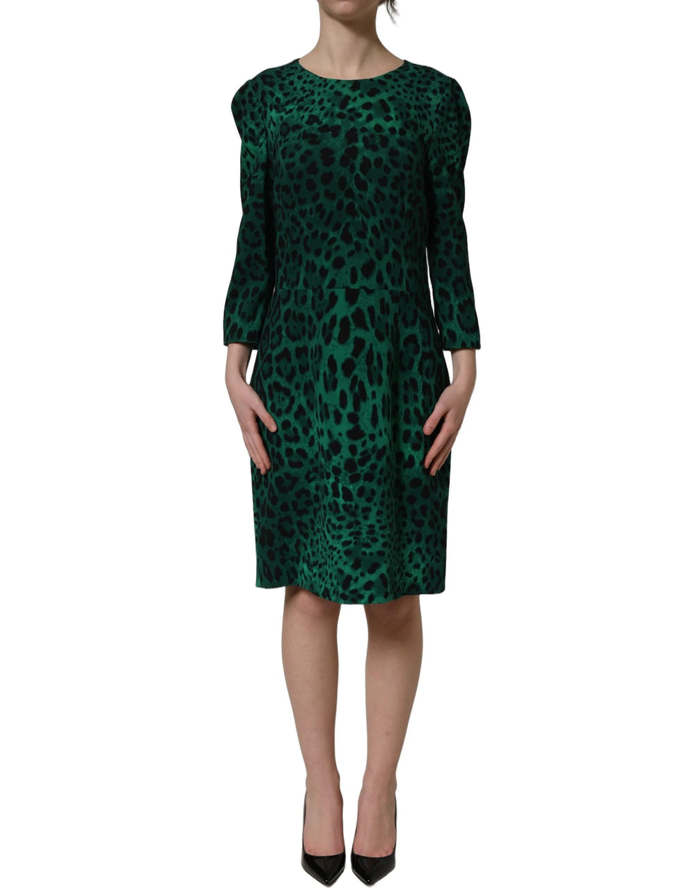 Dolce & Gabbana Green Leopard Print Silk Knee Length Dress - IT42|M
