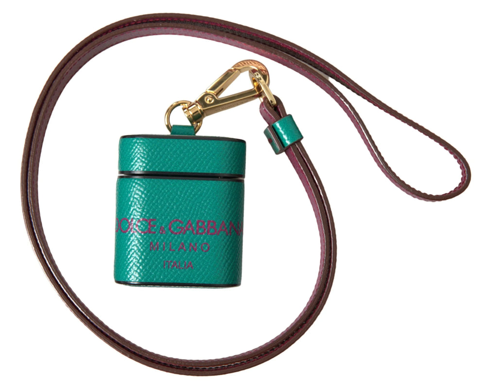 Dolce & Gabbana Green Maroon Calf Leather Logo Print Strap Airpods Case - Headphone Carrying Cases