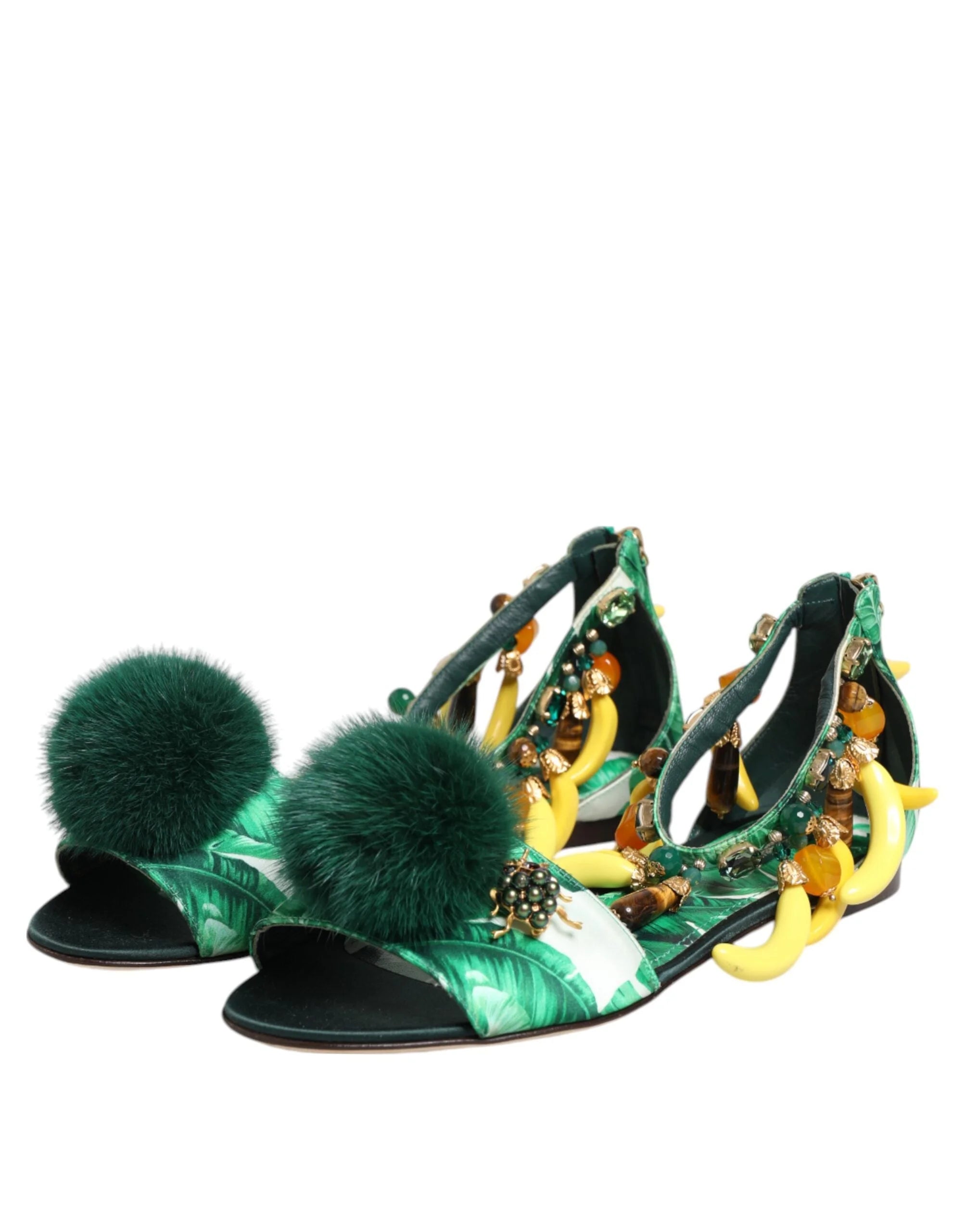 Dolce & Gabbana Green Mink Fur Satin Banana Leaf Sandals Shoes - Sandals