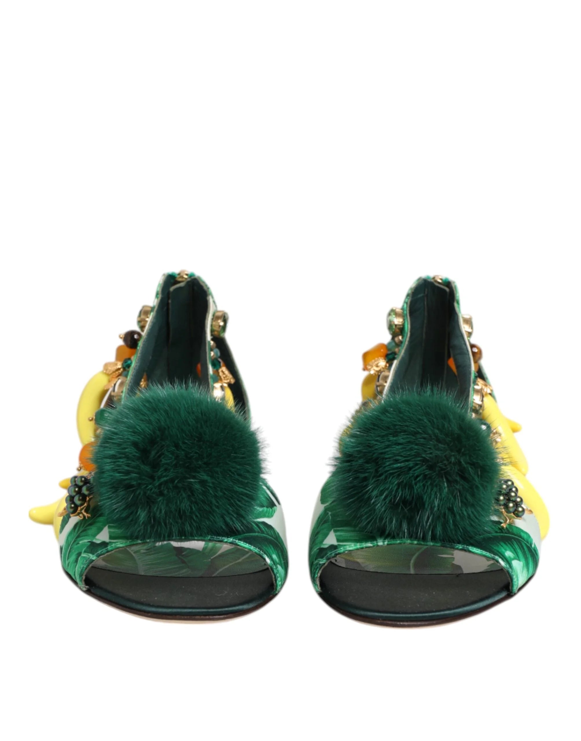 Dolce & Gabbana Green Mink Fur Satin Banana Leaf Sandals Shoes - Sandals