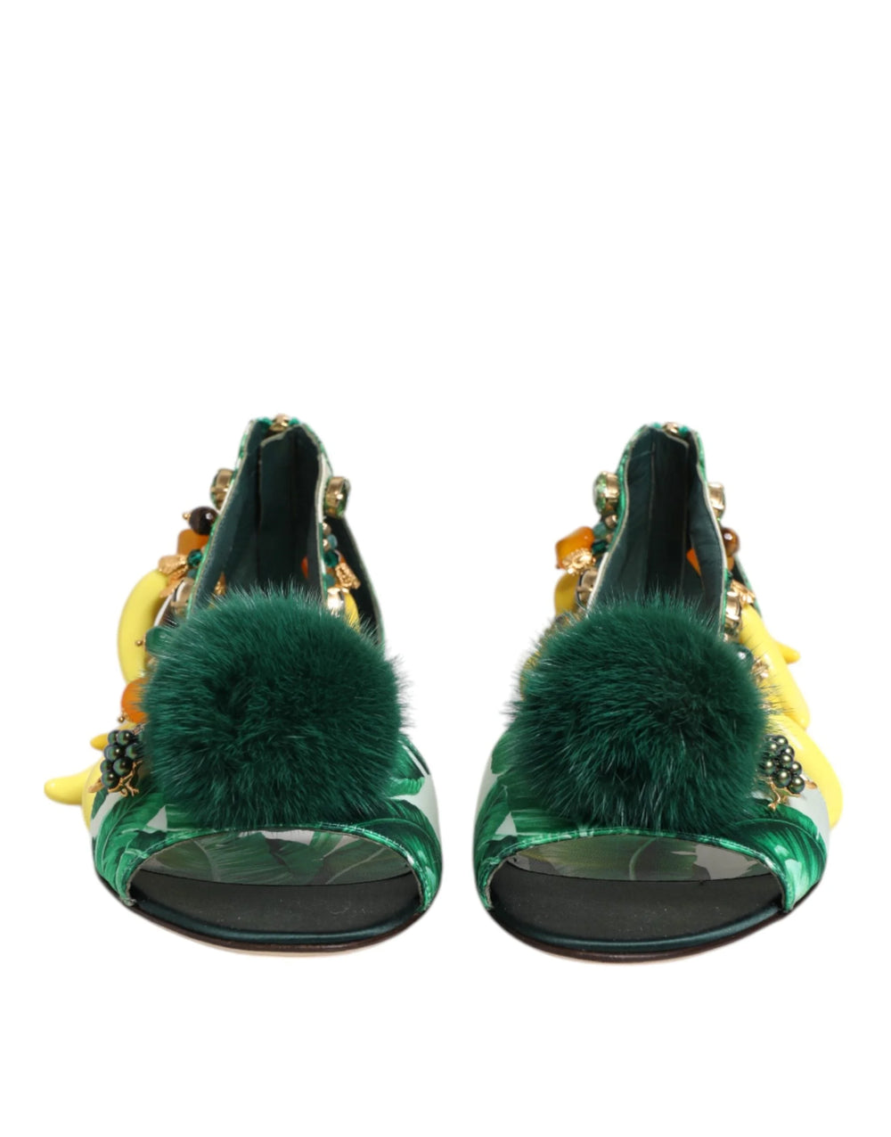Dolce & Gabbana Green Mink Fur Satin Banana Leaf Sandals Shoes - Sandals