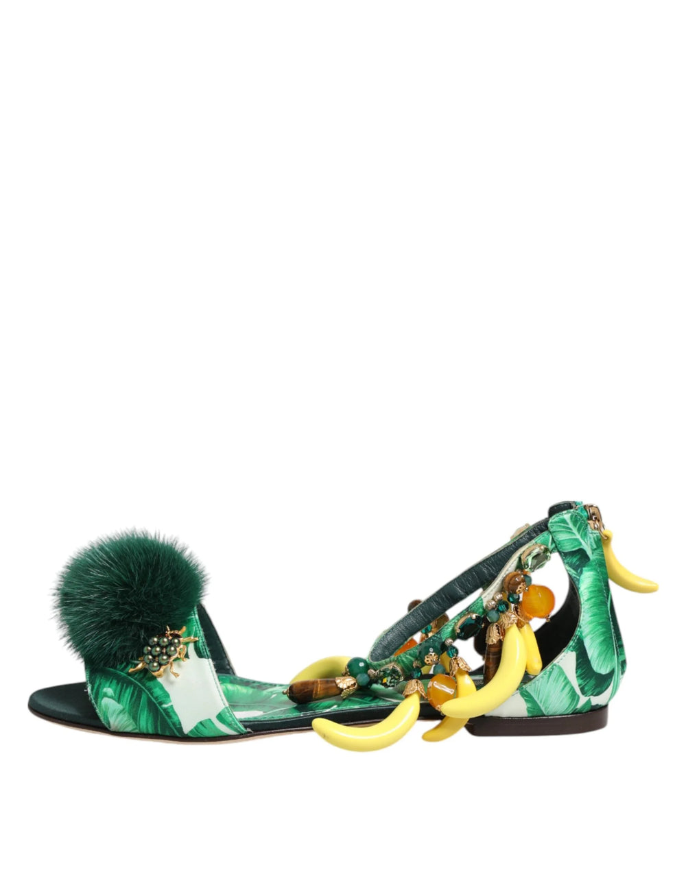 Dolce & Gabbana Green Mink Fur Satin Banana Leaf Sandals Shoes - Sandals