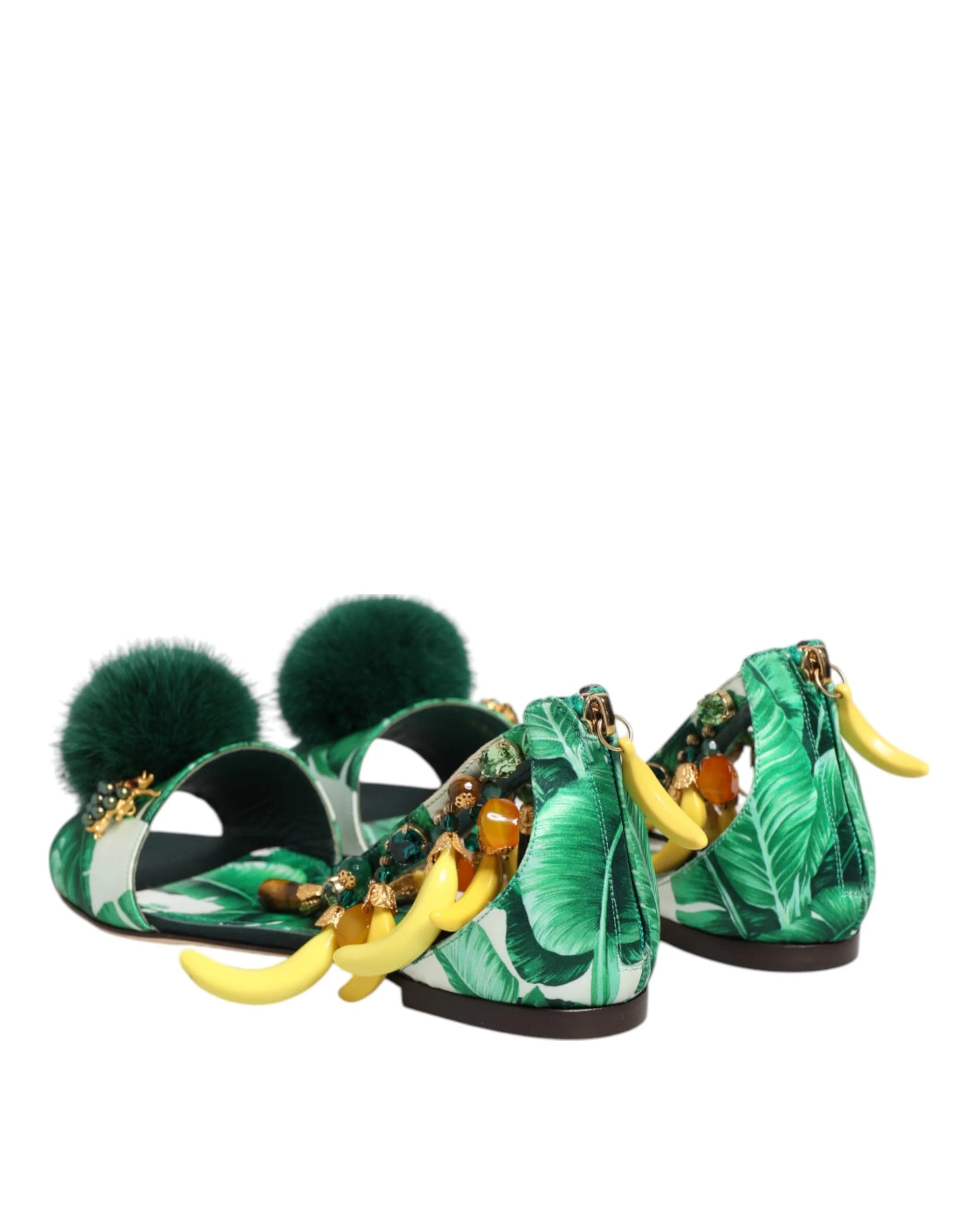 Dolce & Gabbana Green Mink Fur Satin Banana Leaf Sandals Shoes - Sandals