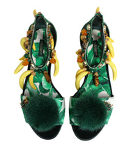 Dolce & Gabbana Green Mink Fur Satin Banana Leaf Sandals Shoes - Sandals