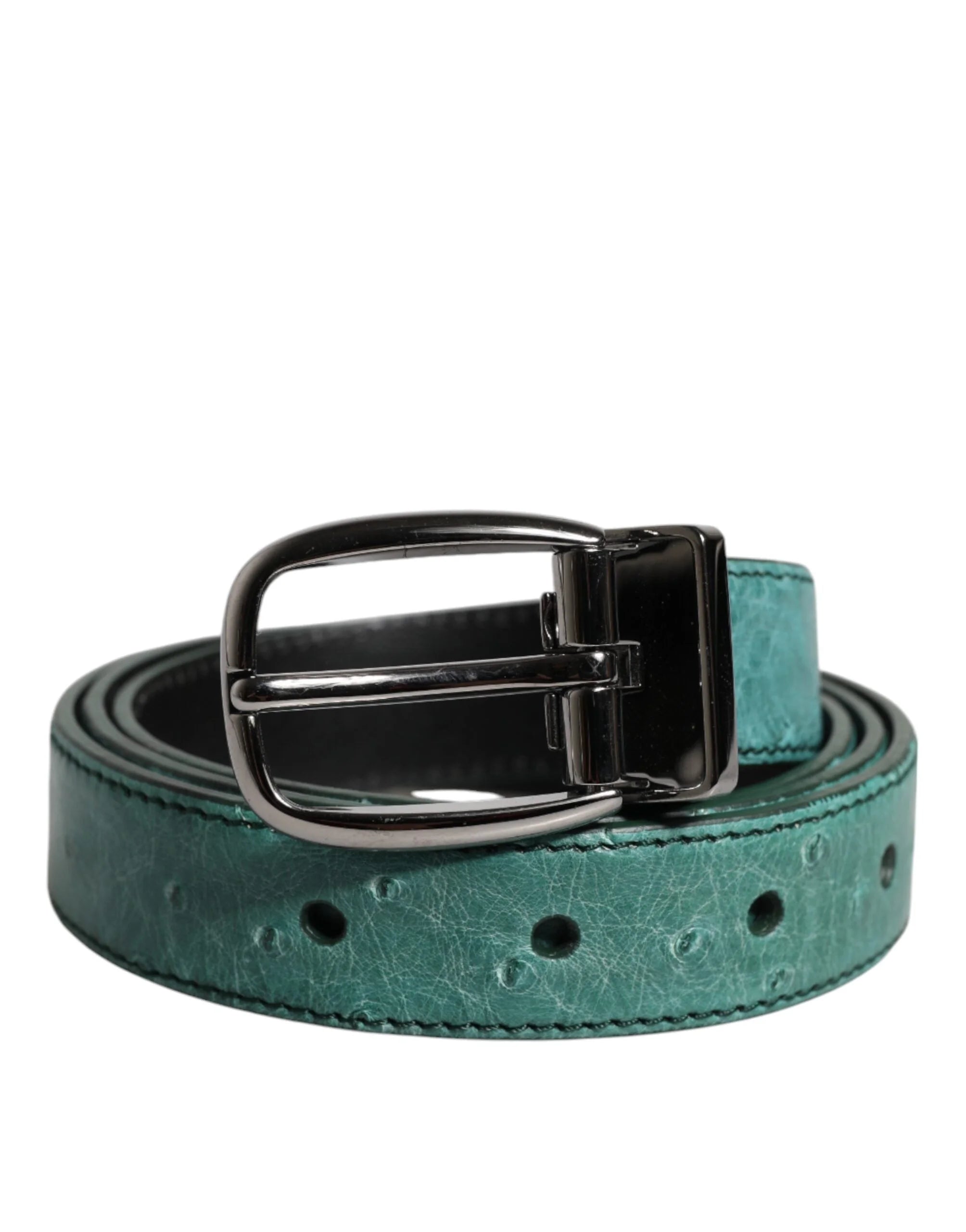 Dolce & Gabbana women's belt in vibrant green ostrich leather with a polished silver-tone metal buckle.