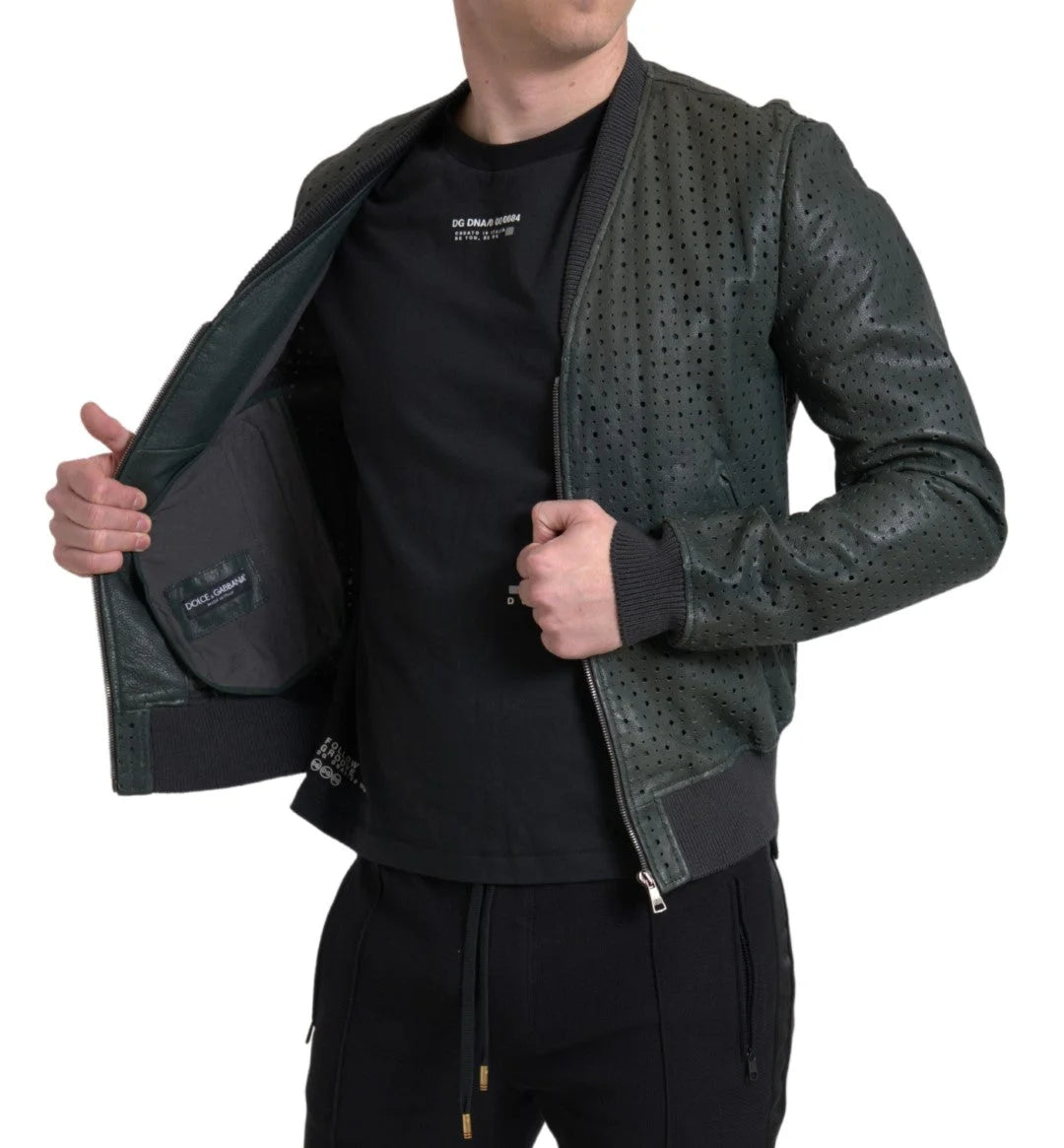 Dolce & Gabbana Green Perforated Leather Bomber Jacket - Bomber Jackets