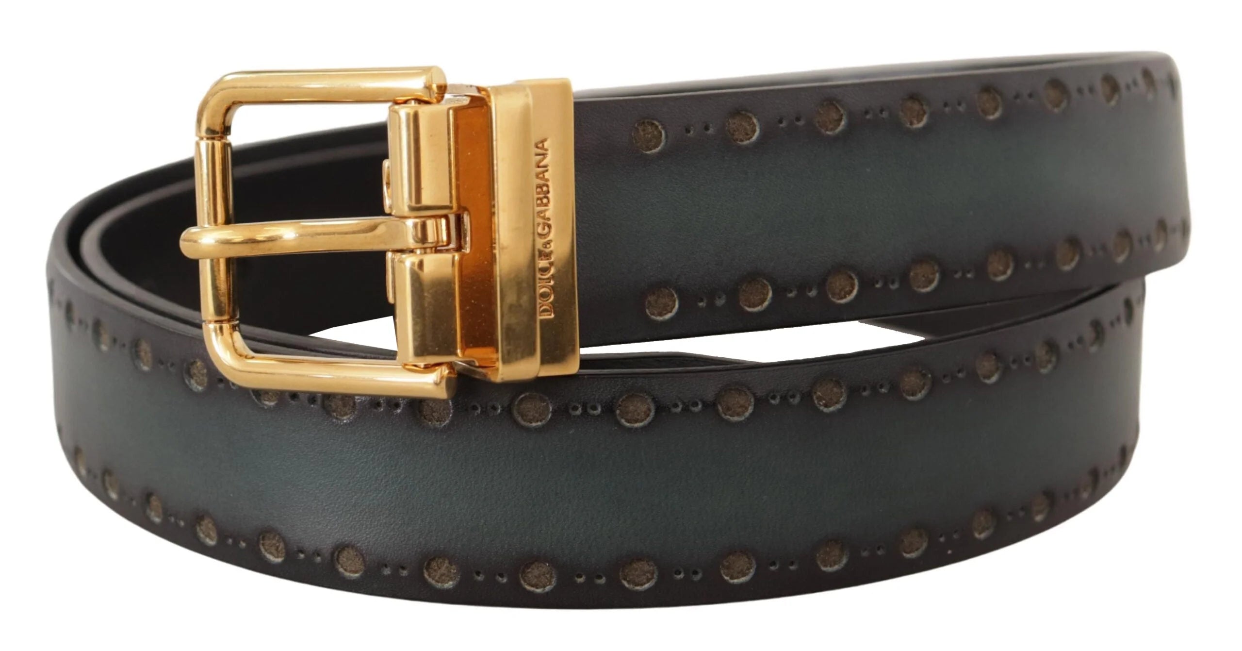 Dolce & Gabbana Green Perforated Leather Brass Metal Belt - 90 cm / 36 Inches - Belts