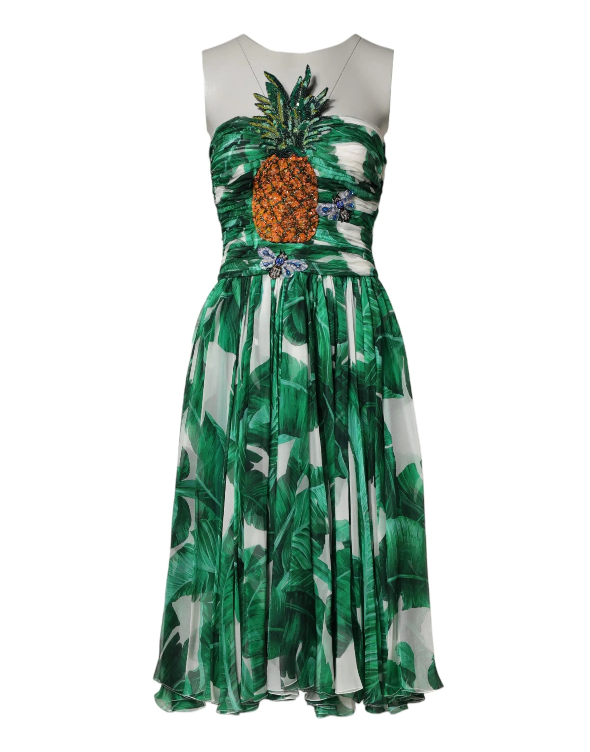 Dolce & Gabbana Green Pineapple Embellished BananaLeaf Dress - IT38|XS