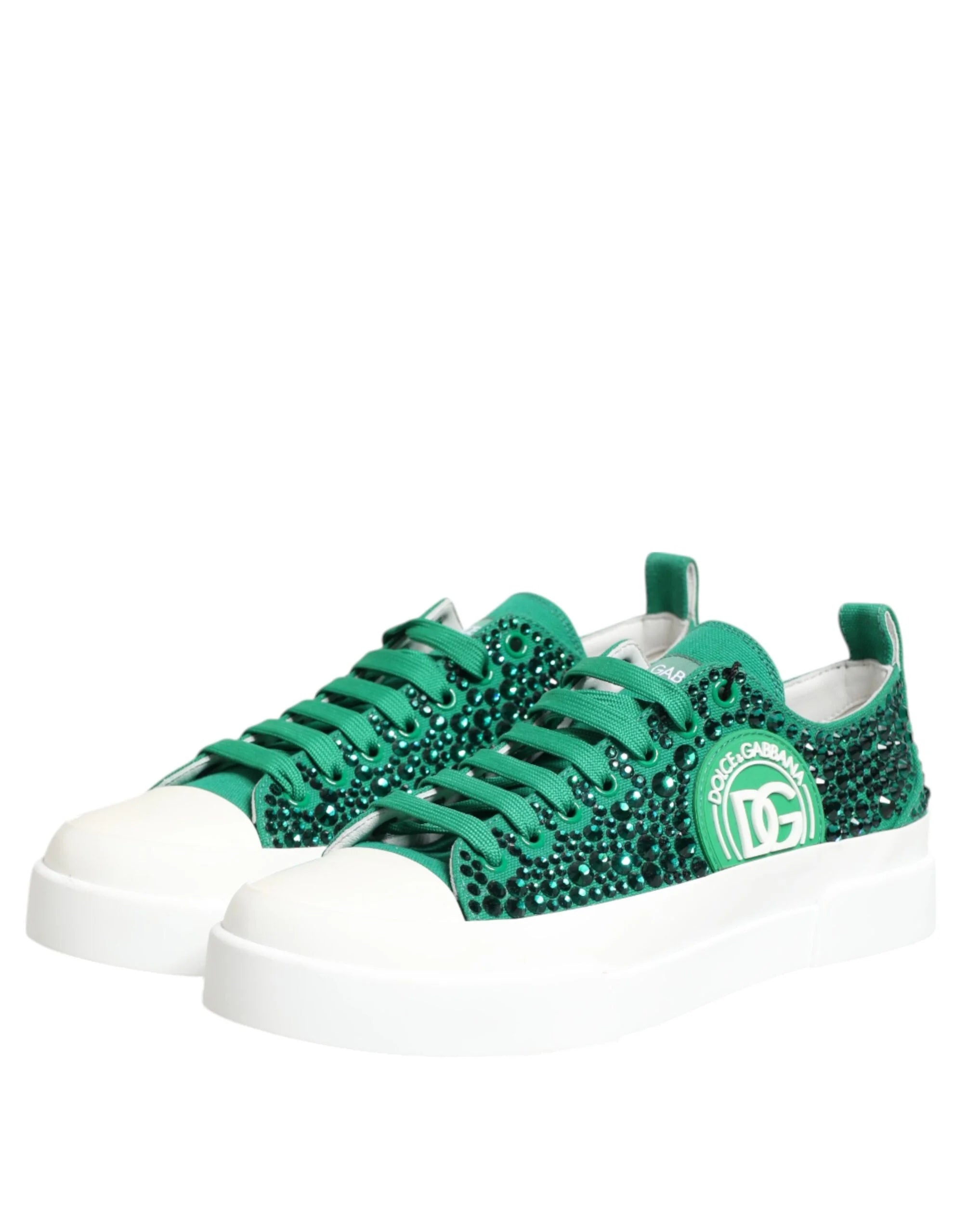 Dolce & Gabbana Green Portofino Crystal DG Logo Sneakers Shoes - Sneakers