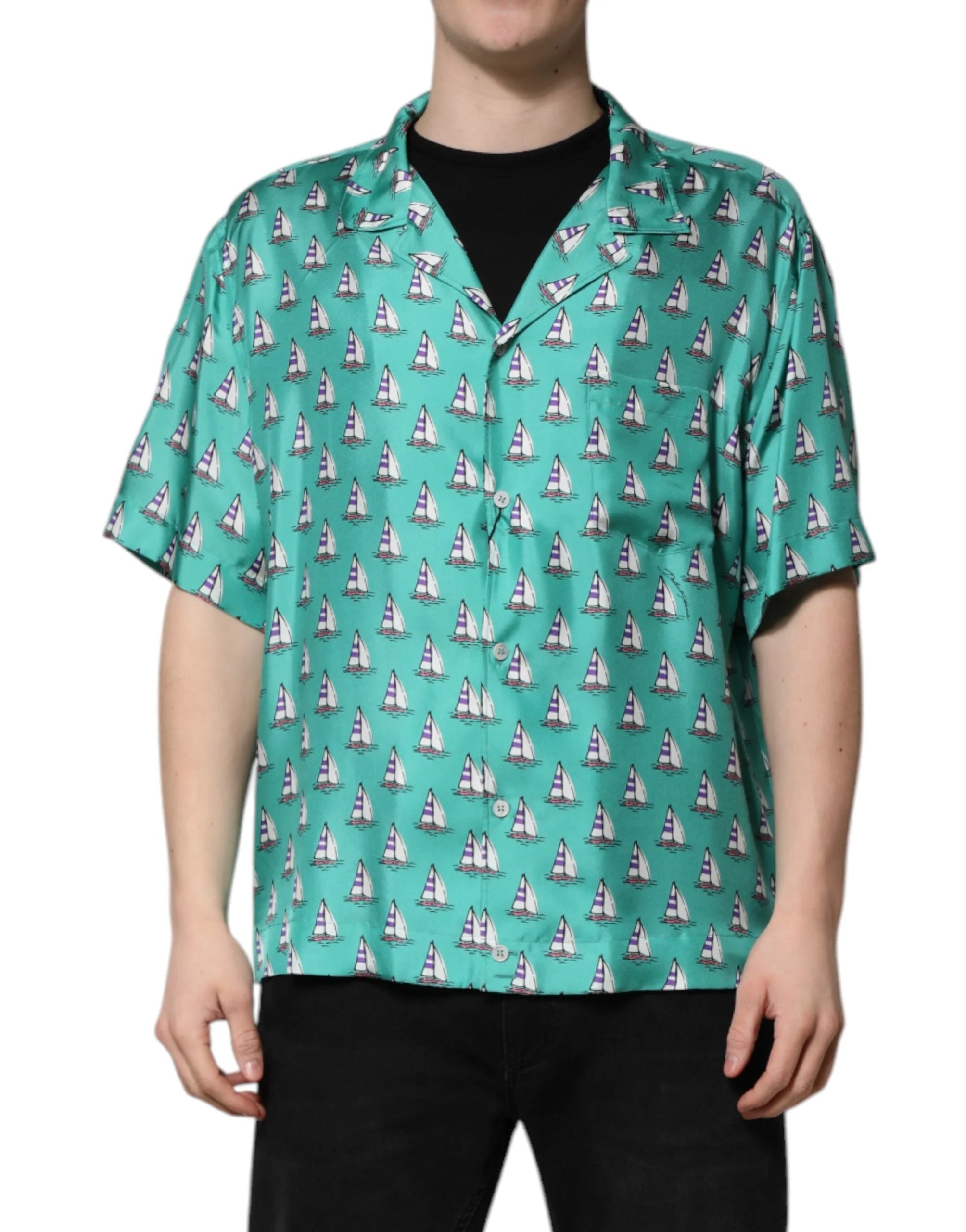 Dolce & Gabbana Green Printed Short Sleeves Casual Shirt - IT44 | 3XL - Shirts
