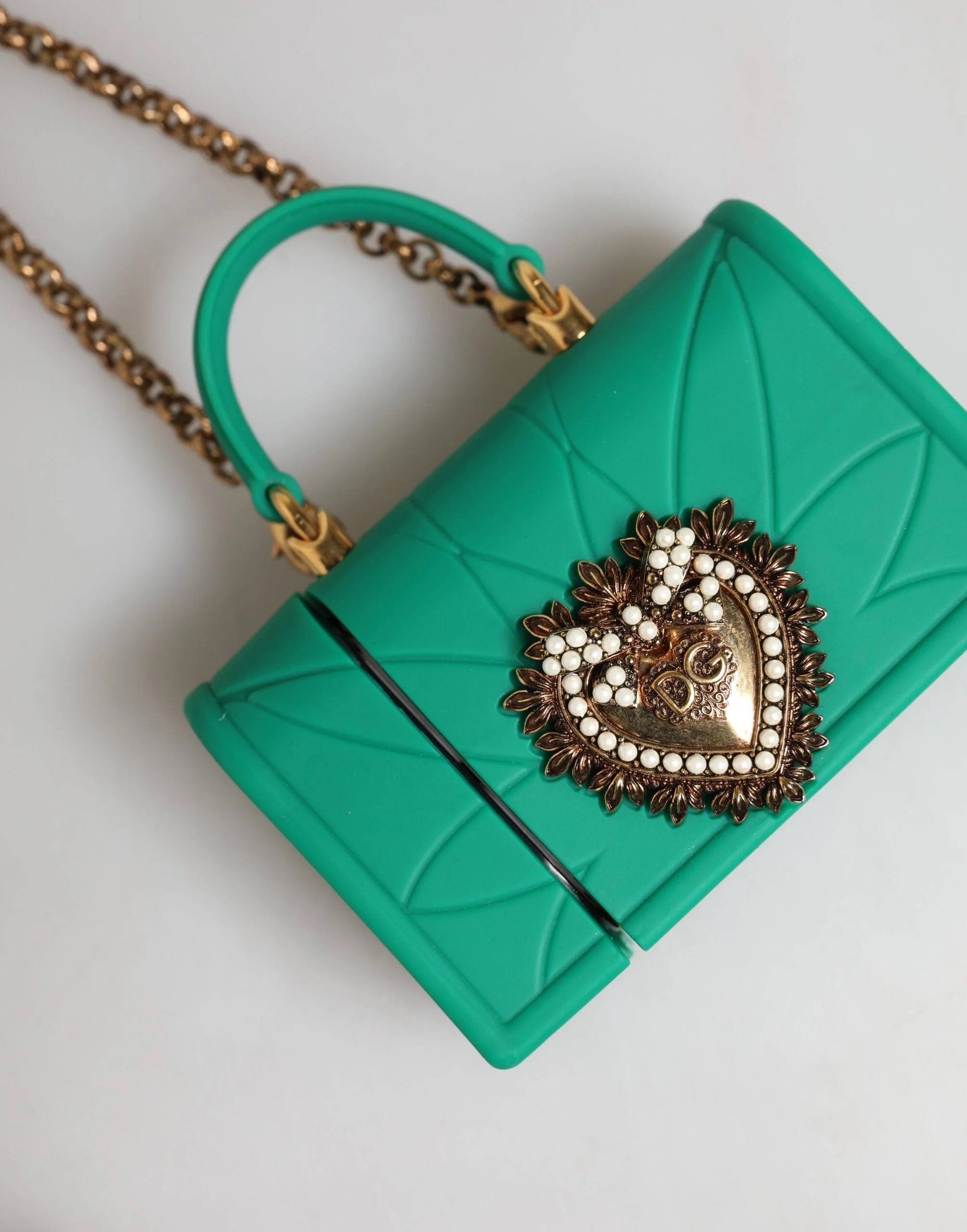 Dolce & Gabbana Green Silicone Devotion Heart Bag Gold Chain Airpods Case