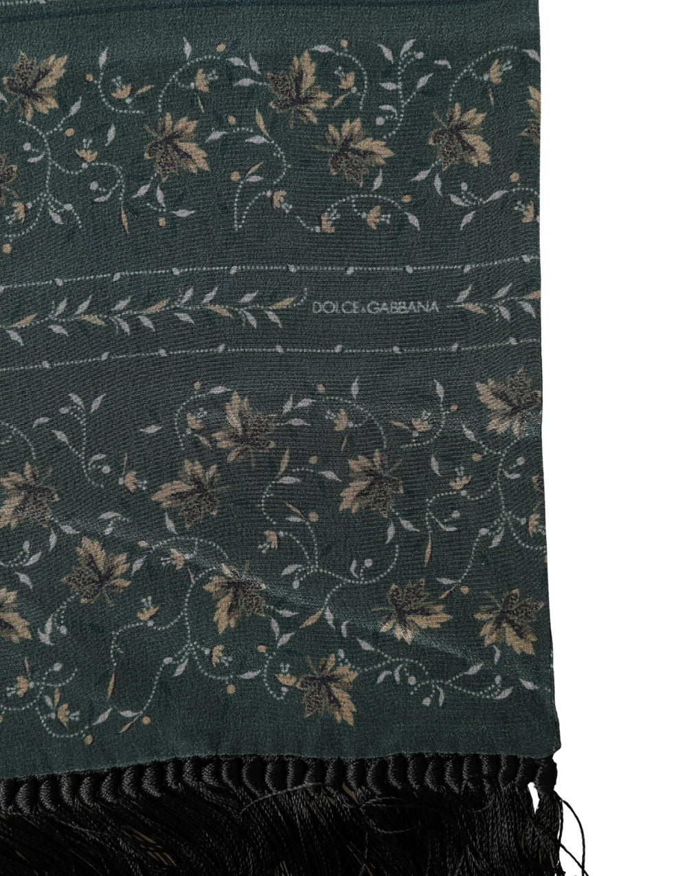 Dolce & Gabbana Green Silk Floral Pattern Fringed 135cm X 16cm Scarf