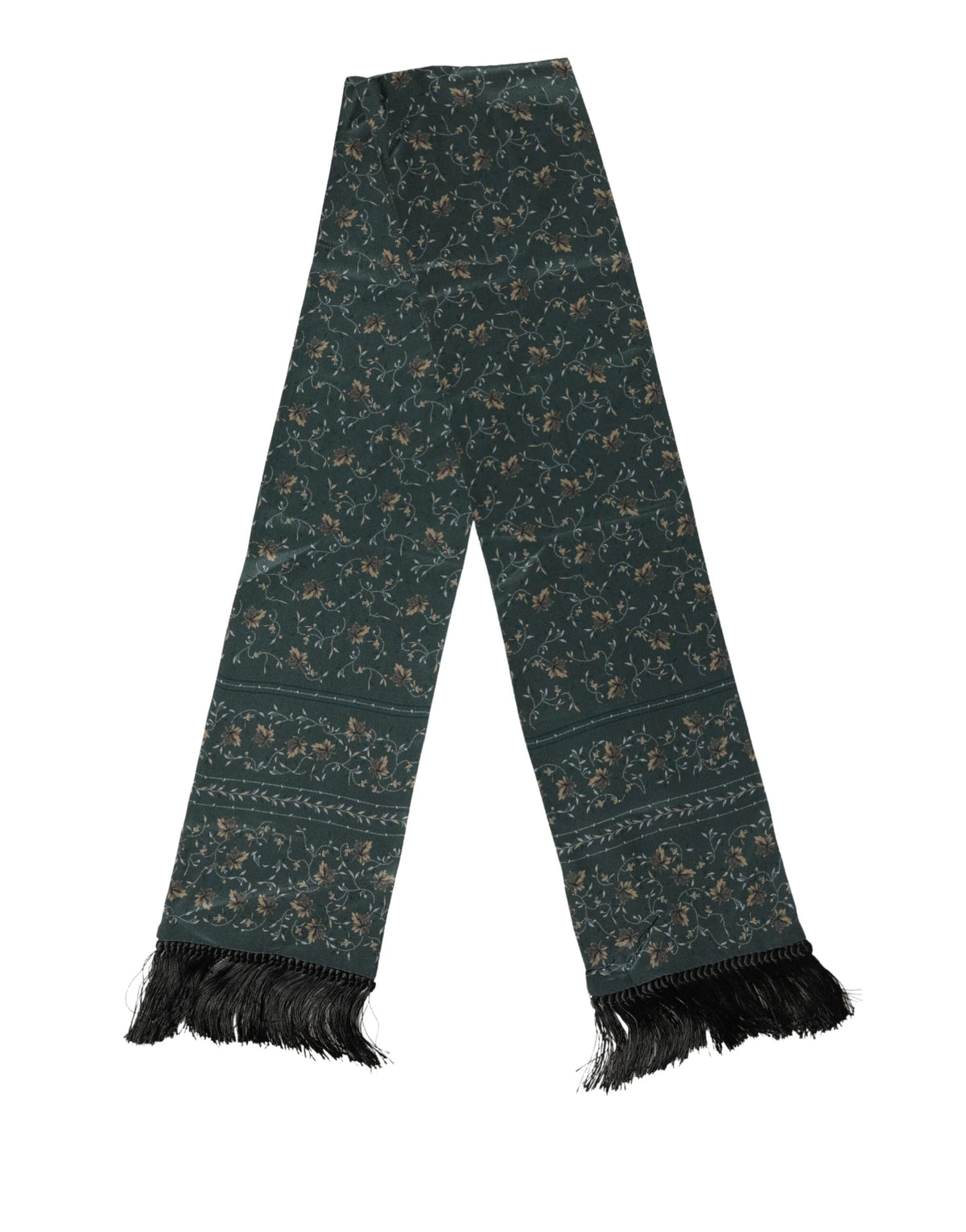 Dolce & Gabbana Green Silk Floral Pattern Fringed 135cm X 16cm Scarf