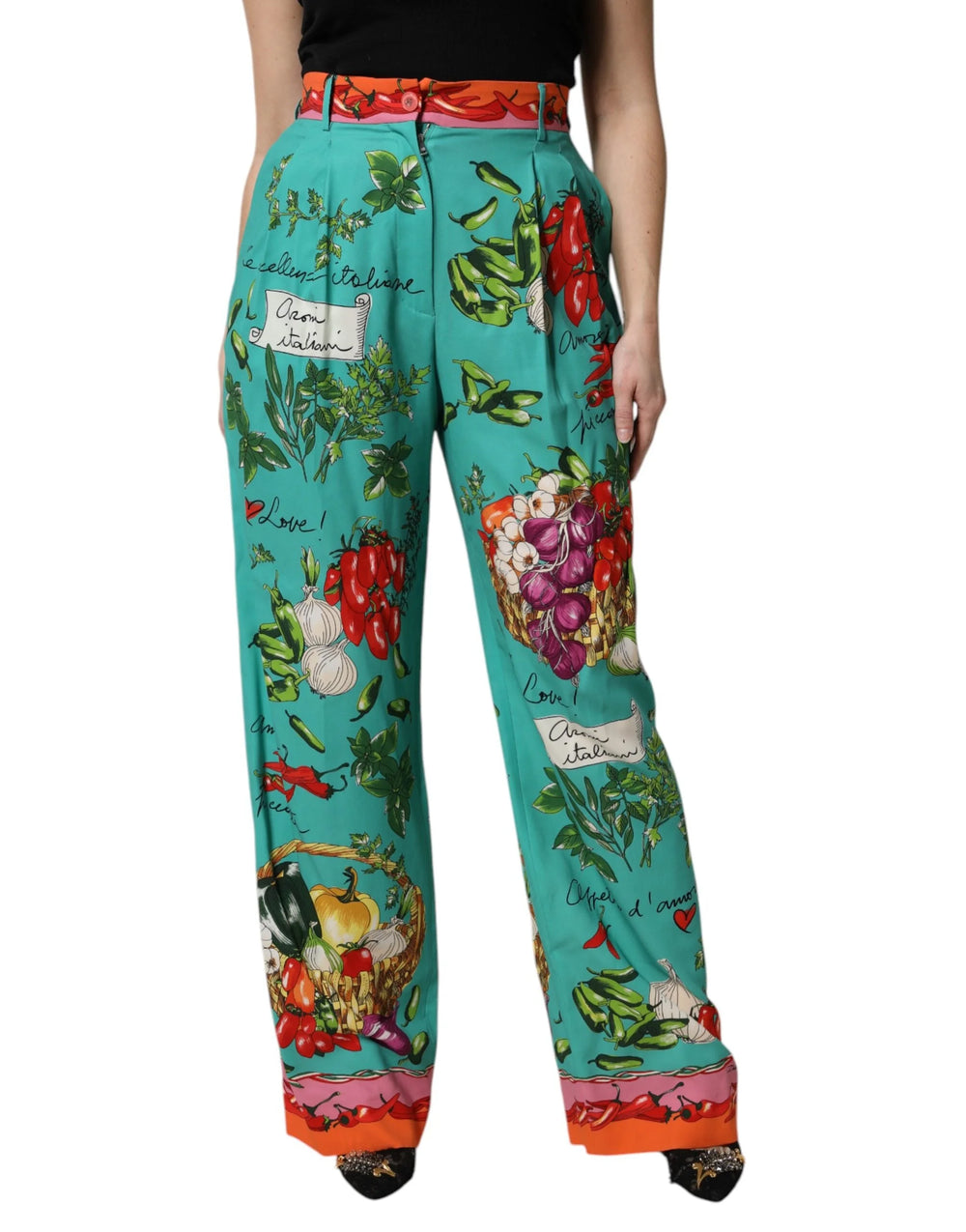Dolce & Gabbana Green Silk Printed Straight Pants - Trousers