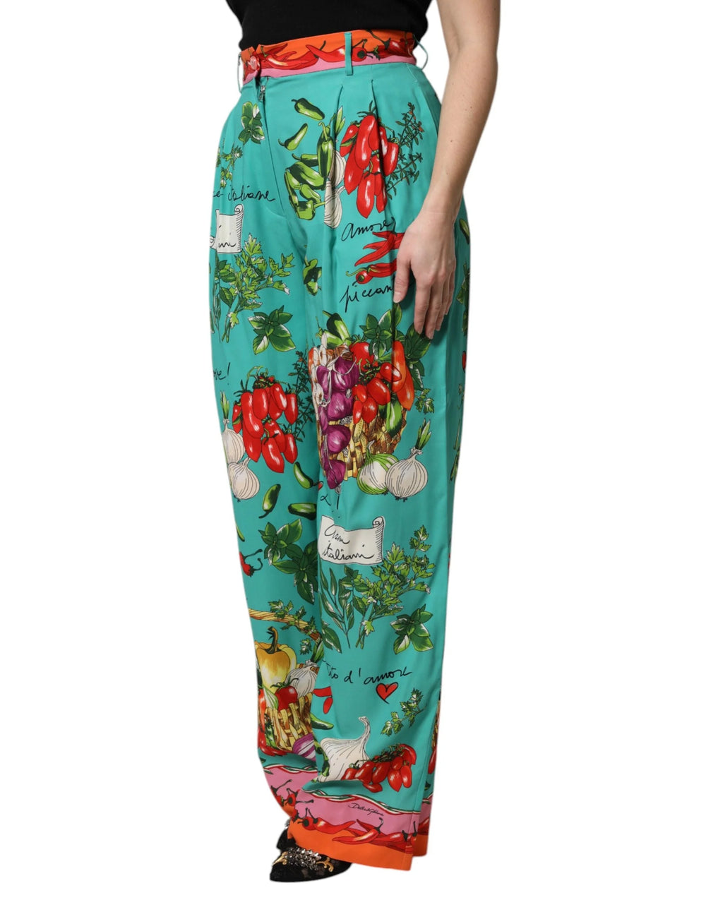 Dolce & Gabbana Green Silk Printed Straight Pants - Trousers