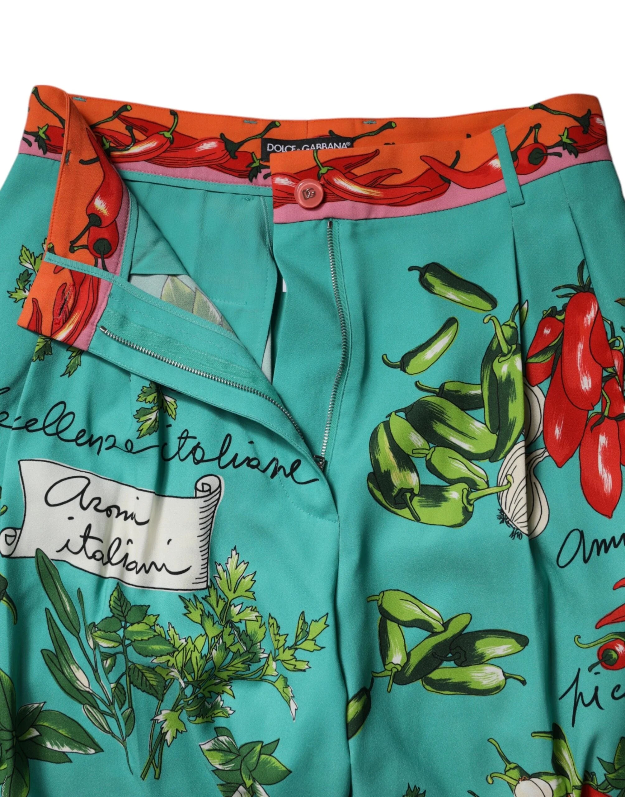 Dolce & Gabbana Green Silk Printed Straight Pants - Trousers