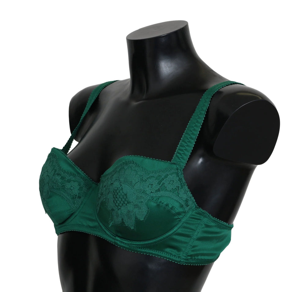 Dolce & Gabbana Green Silk Stretch Floral Lace Bra Underwear - Bras