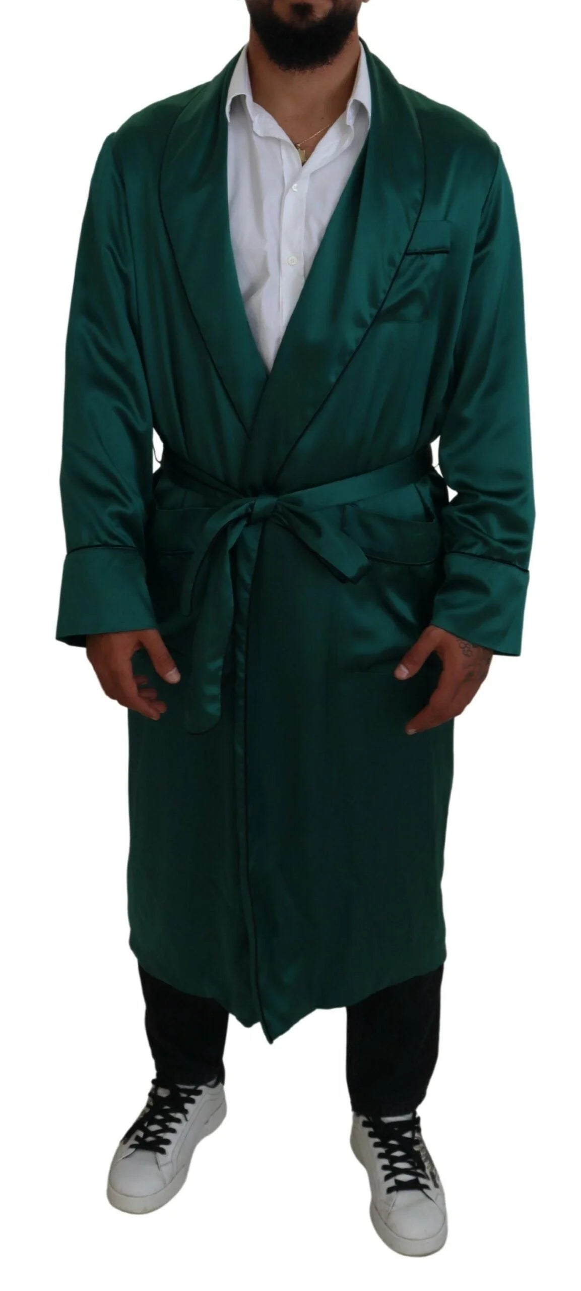 Dolce & Gabbana Green Silk Waist Belt Robe Sleepwear - IT46 | S - Robes