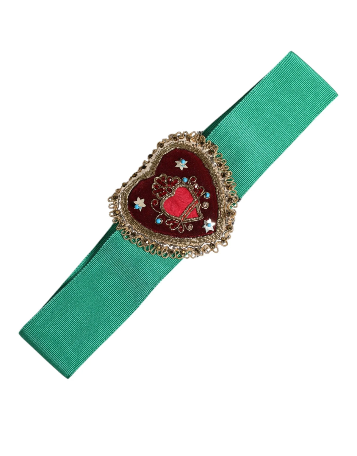 Dolce & Gabbana green stretch wide waist belt featuring a central gold-tone heart embellishment with logo engraving.