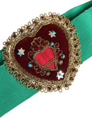 Side view of the Dolce & Gabbana wide green belt showing the textured cotton-viscose blend fabric and structured fit.