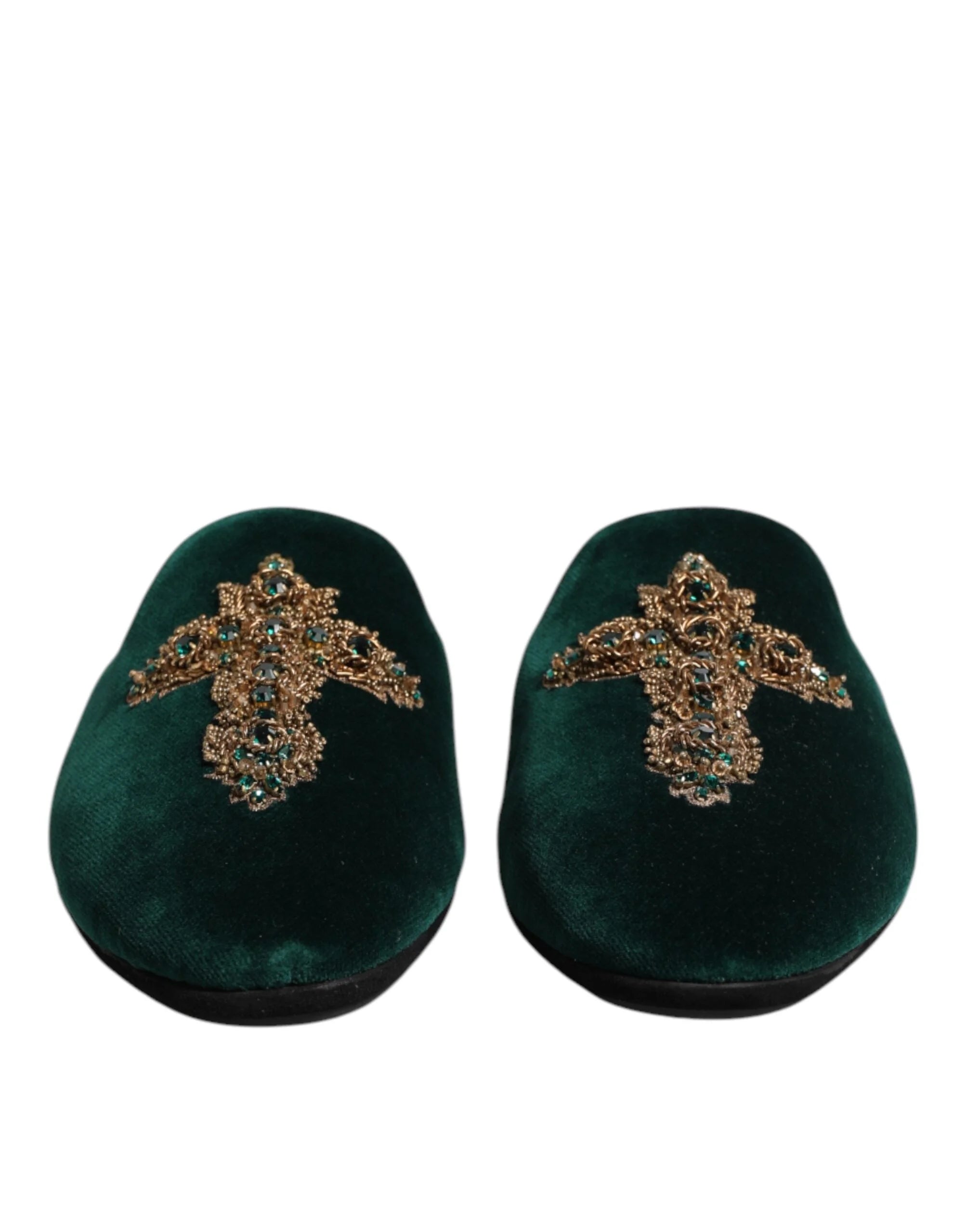 Dolce & Gabbana Green Velvet Cross Embellished Slippers Shoes - Flats