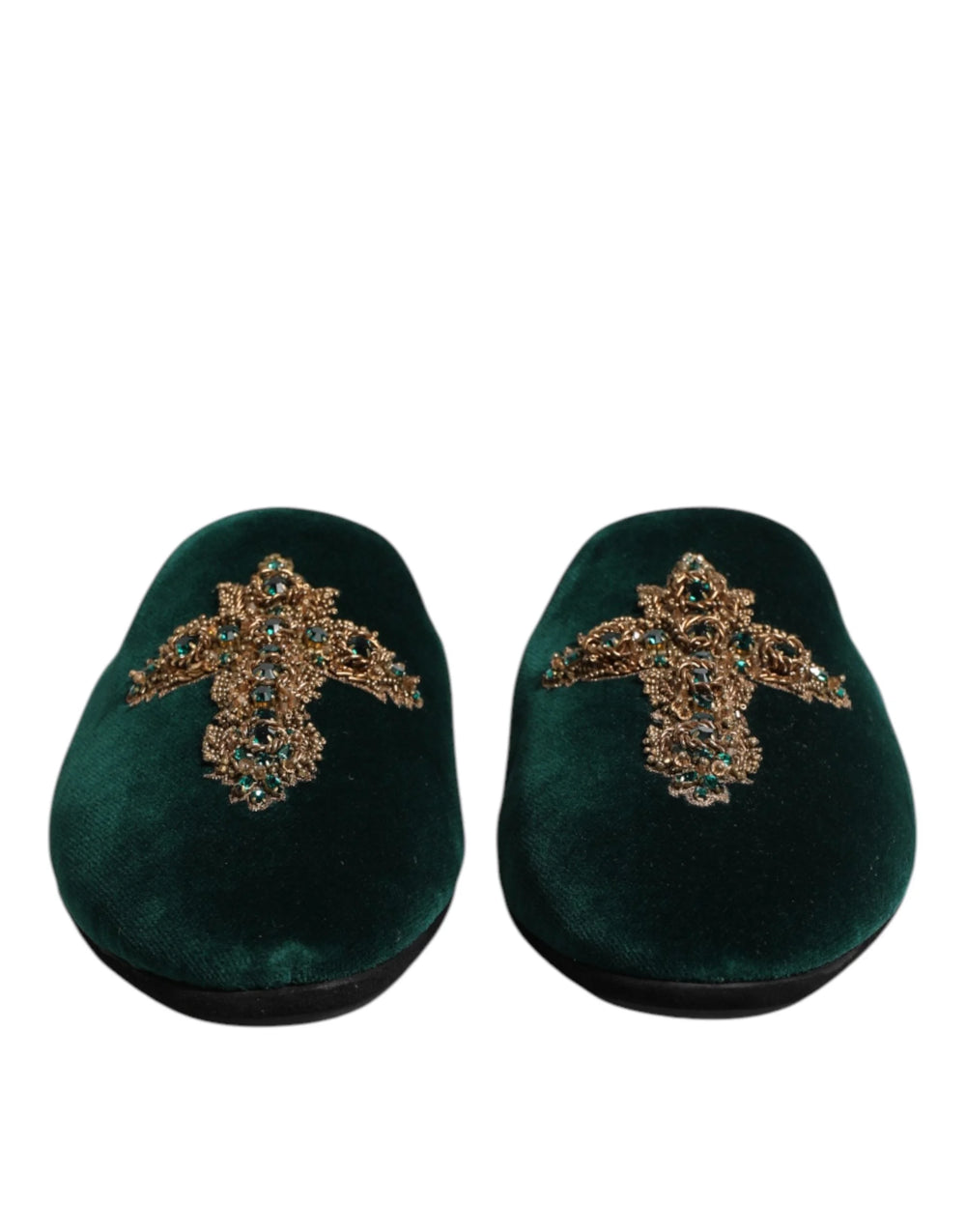 Dolce & Gabbana Green Velvet Cross Embellished Slippers Shoes - Flats