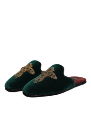 Dolce & Gabbana Green Velvet Cross Embellished Slippers Shoes - Flats