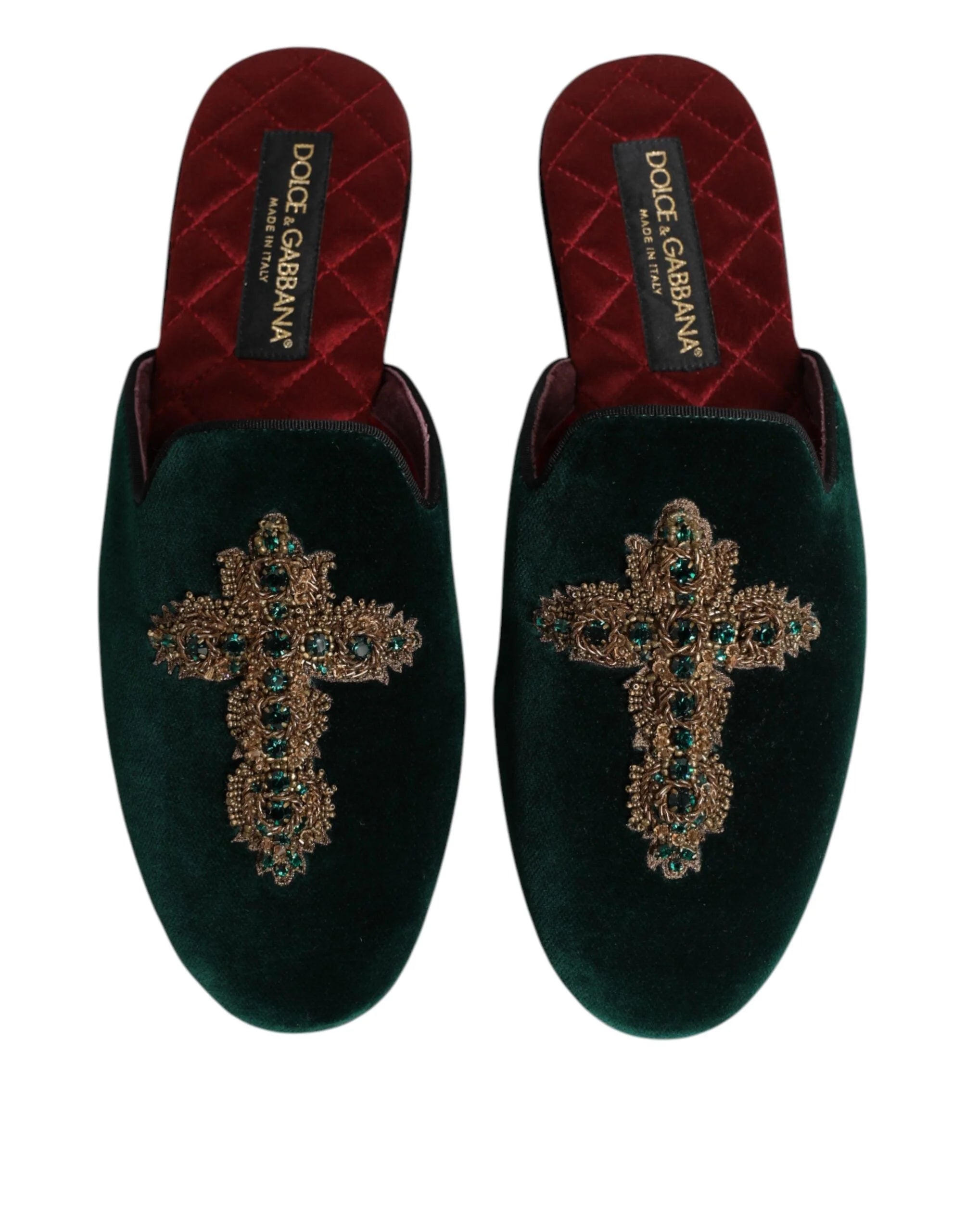 Dolce & Gabbana Green Velvet Cross Embellished Slippers Shoes - Flats