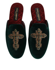 Dolce & Gabbana Green Velvet Cross Embellished Slippers Shoes - Flats