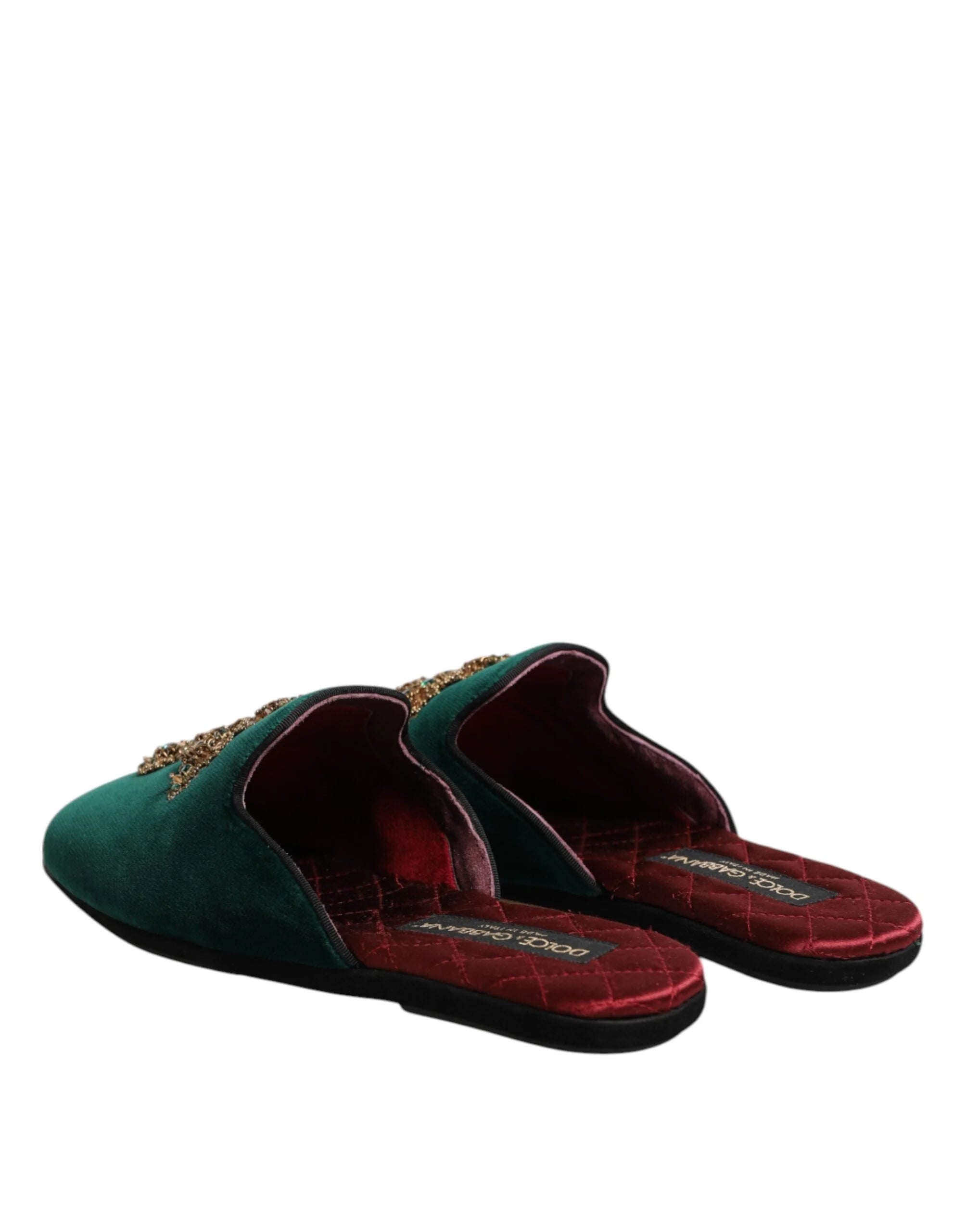 Dolce & Gabbana Green Velvet Cross Embellished Slippers Shoes - Flats