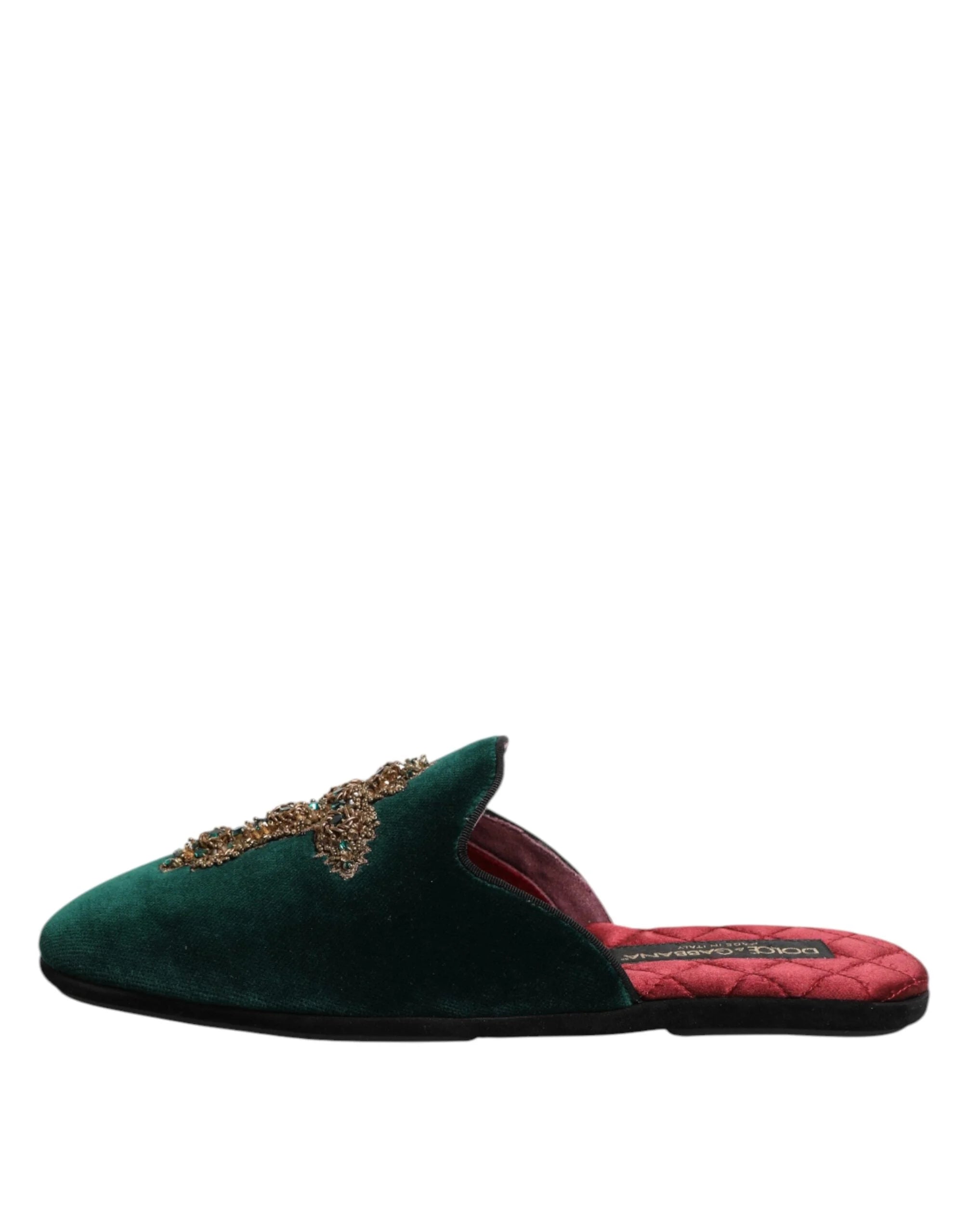 Dolce & Gabbana Green Velvet Cross Embellished Slippers Shoes - Flats