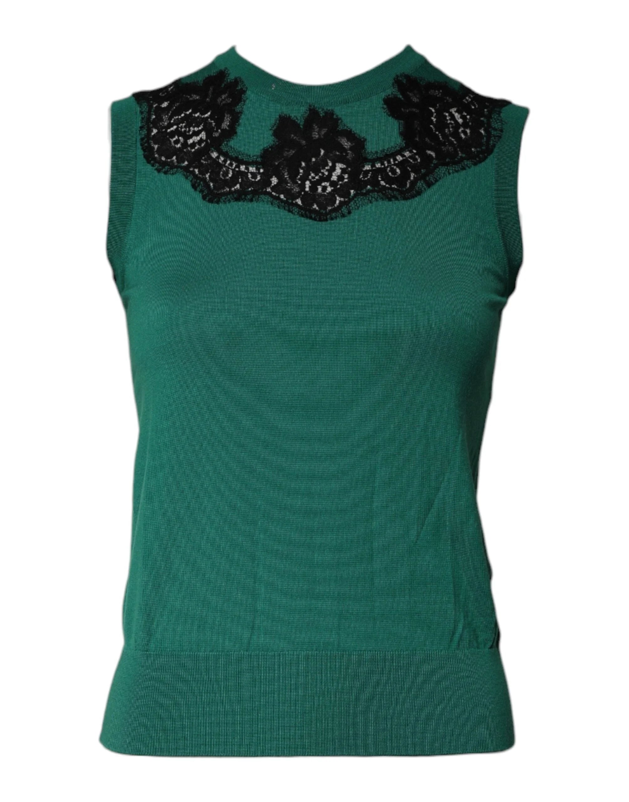 Dolce & Gabbana Green Wool Lace Detail Sleeveless Tank Top - IT36|XXS - Tank Tops