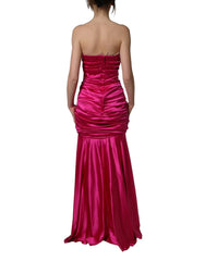 Dolce & Gabbana Hot Pink Ruched Satin Strapless Gown Dress