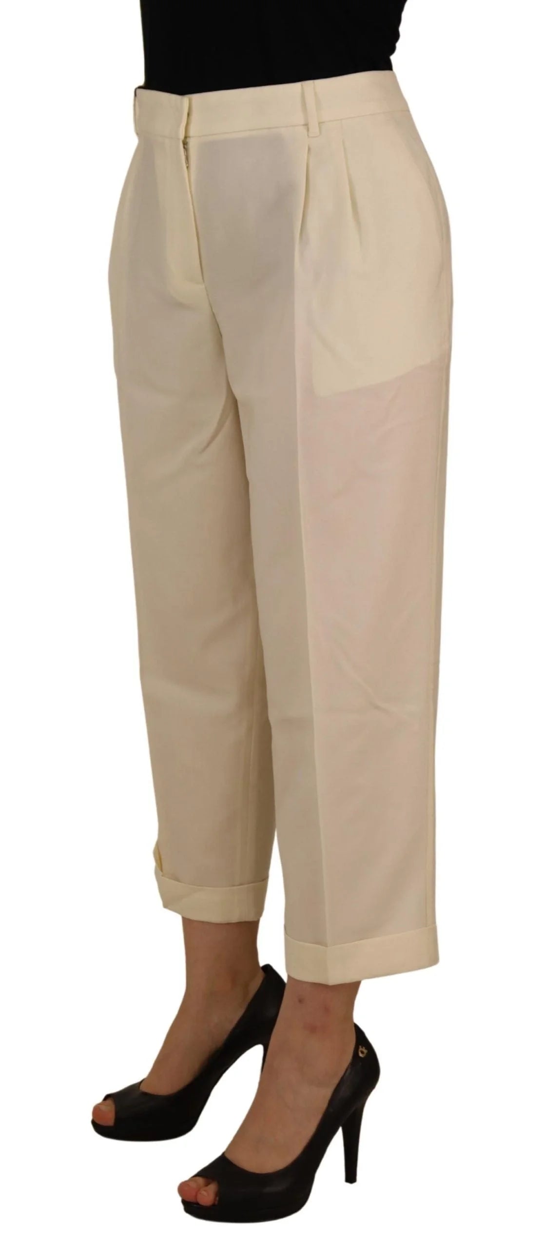 Dolce & Gabbana Ivory High Waist Cropped Folded Hem Trousers Pants - IT50 | XXL - Trousers