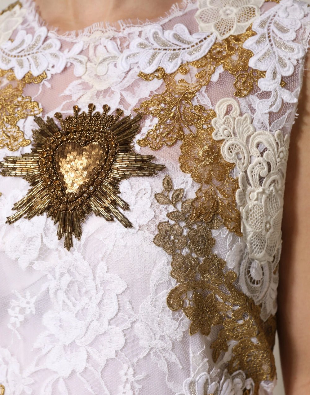 Dolce & Gabbana Ivory Lace Silk Embellished Sleeveless Dress - IT46|XL