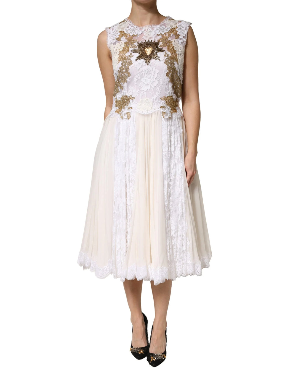 Dolce & Gabbana Ivory Lace Silk Embellished Sleeveless Dress - IT46|XL