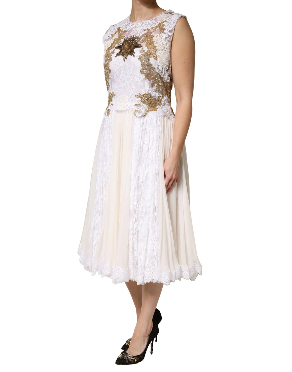Dolce & Gabbana Ivory Lace Silk Embellished Sleeveless Dress - IT46|XL
