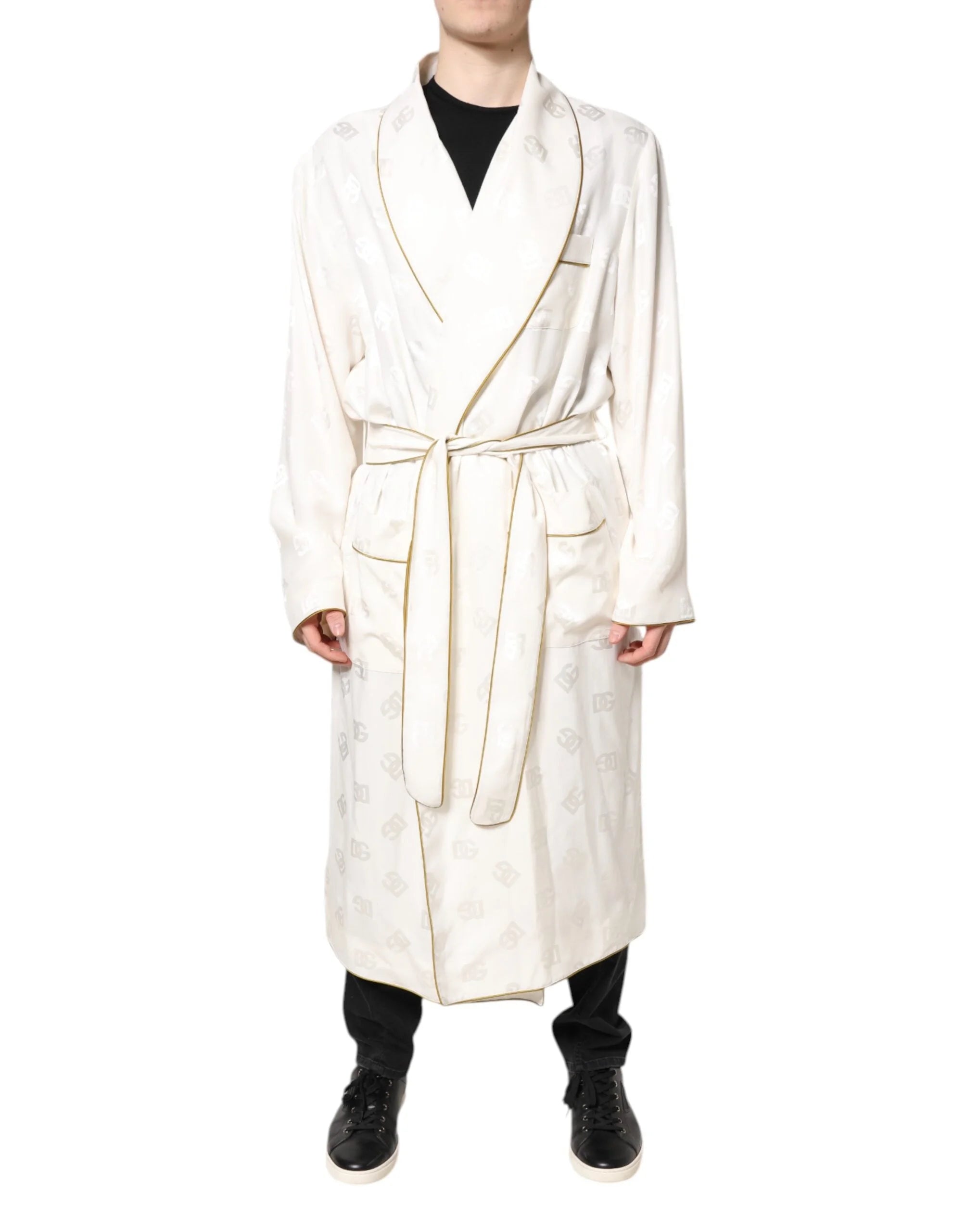 Dolce & Gabbana Ivory Silk Logo Men Wrap Robe Coat Jacket - IT52 | XL - Robes
