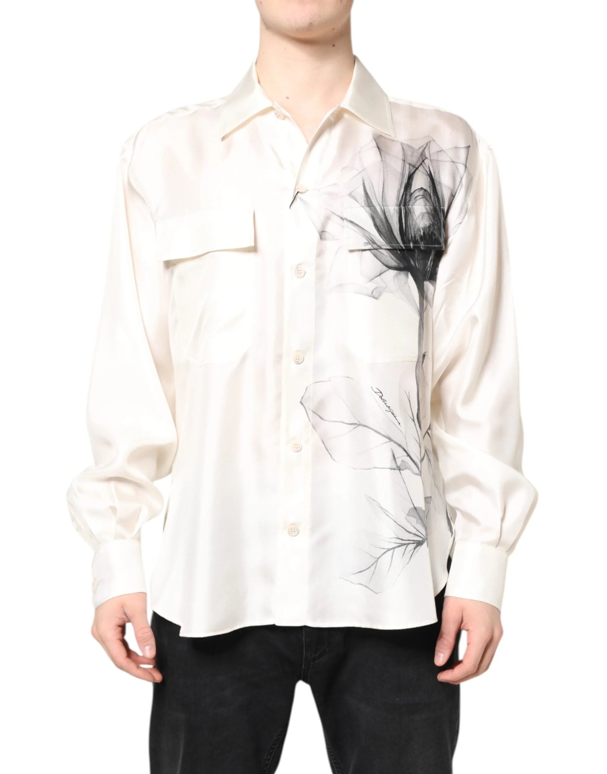 Dolce & Gabbana Ivory Silk Long Sleeves Men Casual Shirt - IT40 | M - Shirts