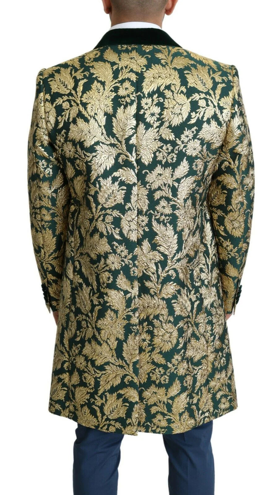 Dolce & Gabbana DOLCE & GABBANA Jacket SICILIA Green Gold Jacquard Long Coat - IT52 | XL