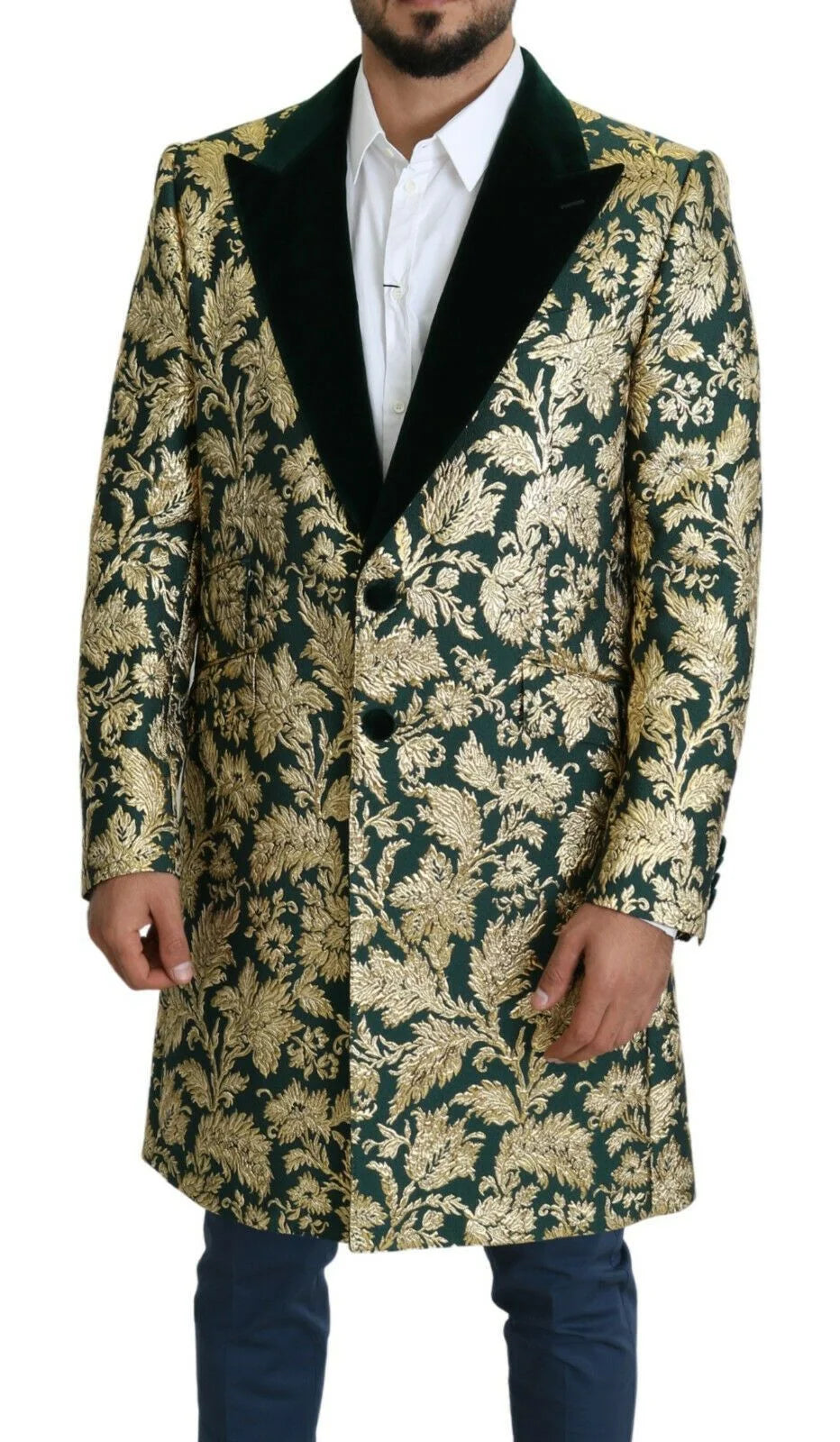 Dolce & Gabbana DOLCE & GABBANA Jacket SICILIA Green Gold Jacquard Long Coat - IT52 | XL