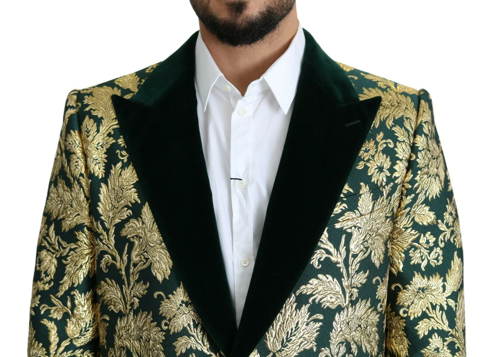 Dolce & Gabbana DOLCE & GABBANA Jacket SICILIA Green Gold Jacquard Long Coat - IT52 | XL