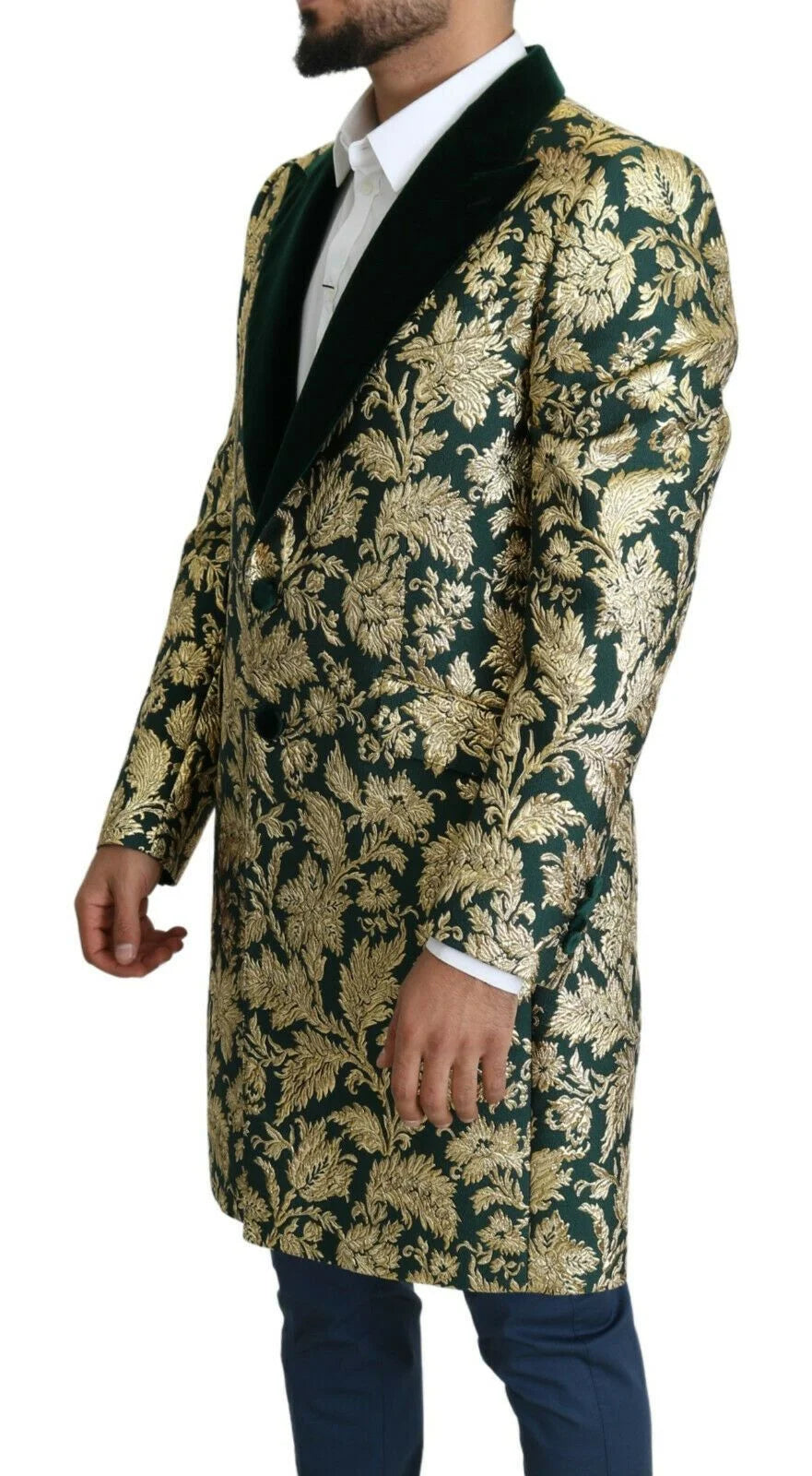 Dolce & Gabbana DOLCE & GABBANA Jacket SICILIA Green Gold Jacquard Long Coat - IT52 | XL