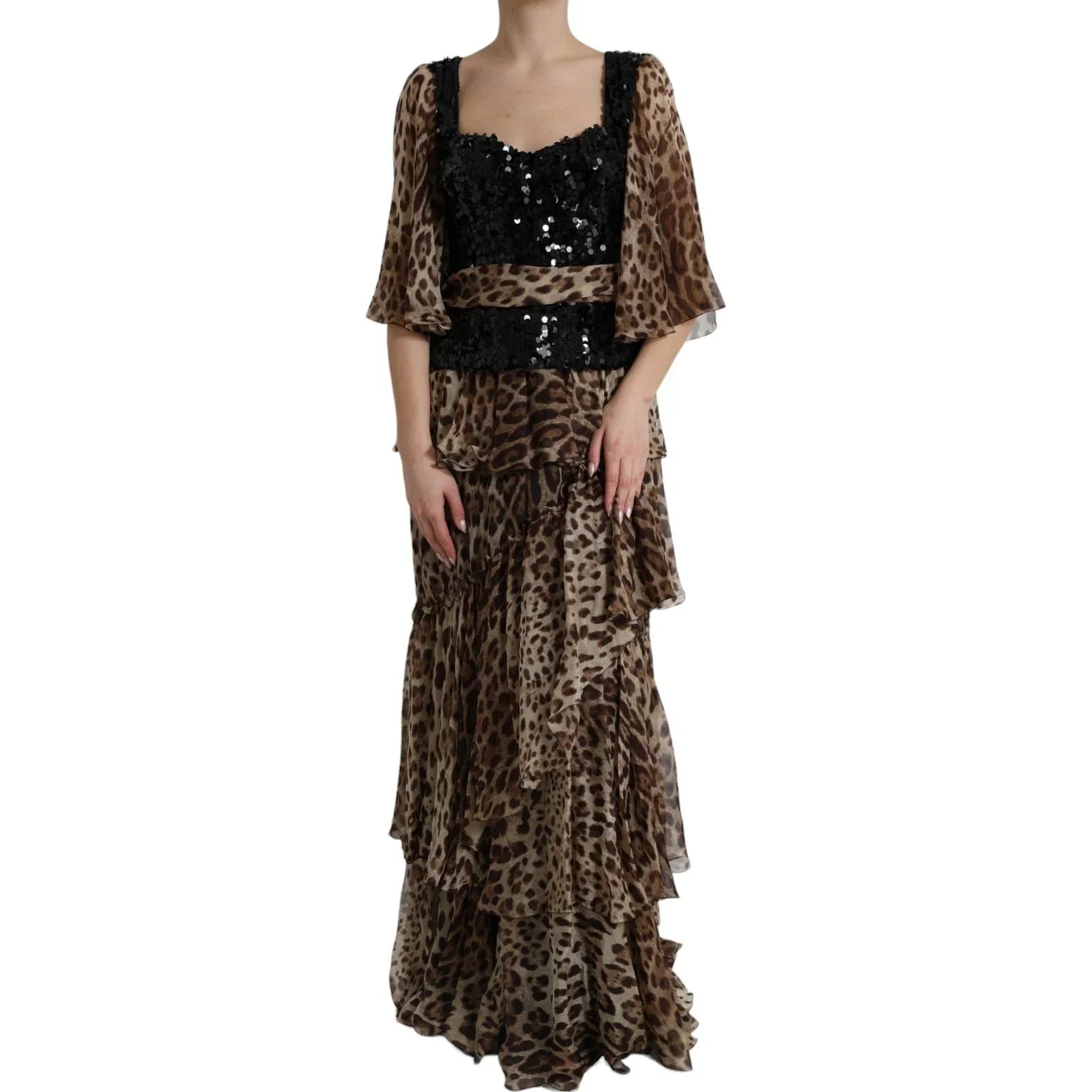 Dolce & Gabbana Leopard Print Silk Sequin Ruffle Maxi Dress - IT44 | L - Dresses