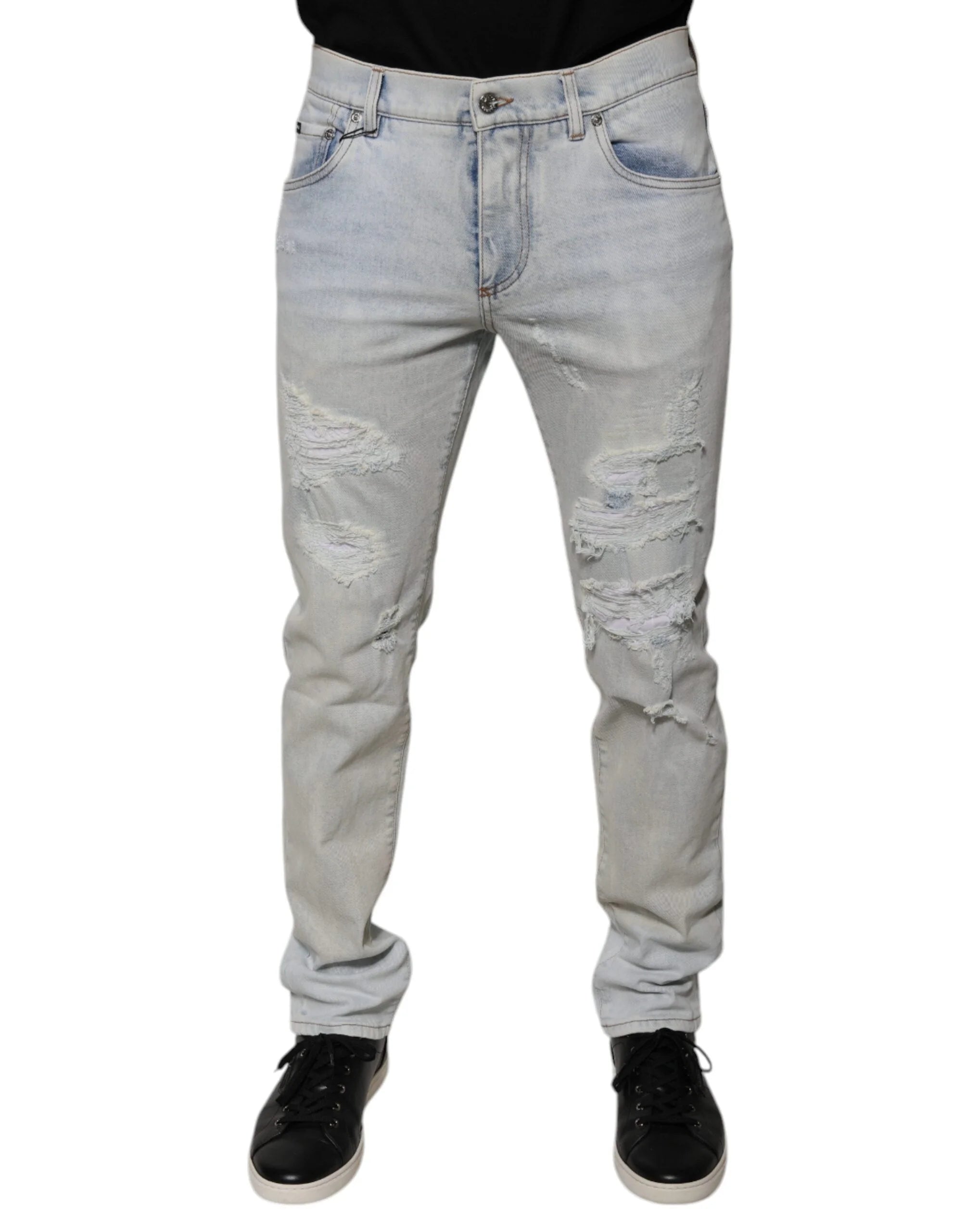 Dolce & Gabbana Light Blue Cotton Blend Tattered Skinny Denim Jeans - Jeans