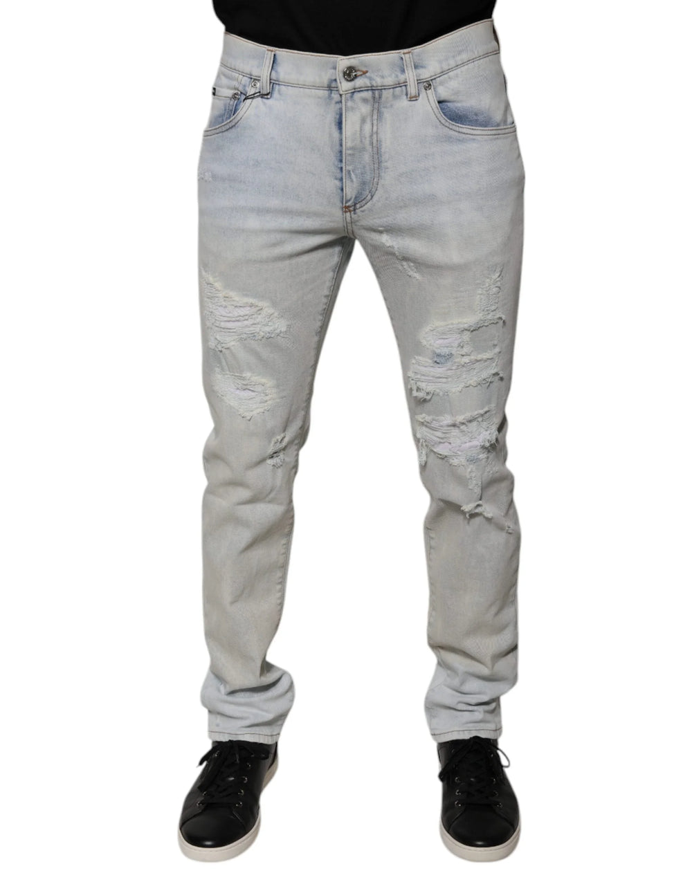 Dolce & Gabbana Light Blue Cotton Blend Tattered Skinny Denim Jeans - Jeans