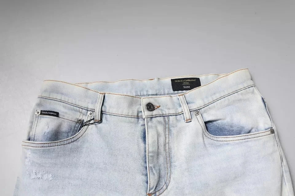 Dolce & Gabbana Light Blue Cotton Blend Tattered Skinny Denim Jeans - Jeans