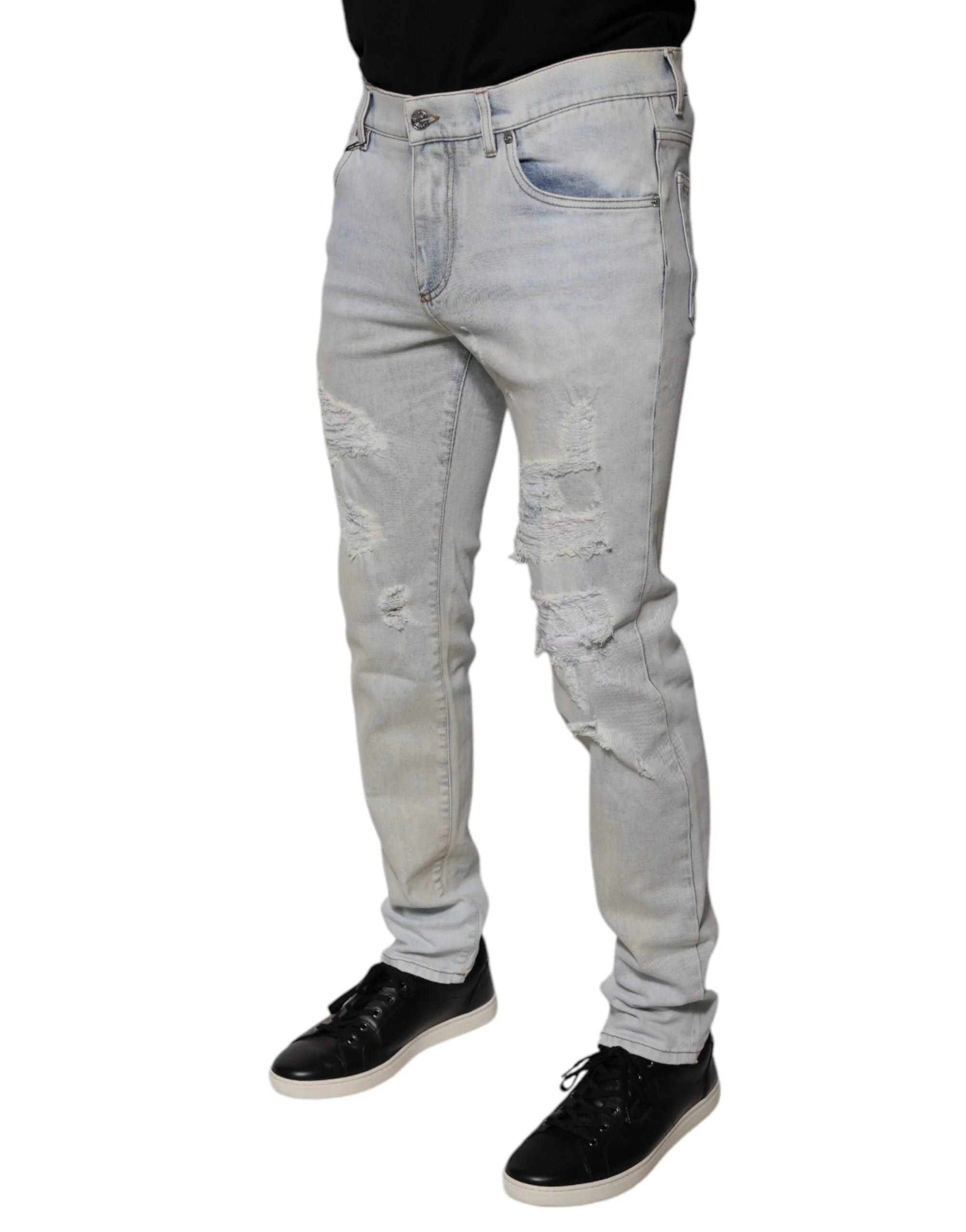 Dolce & Gabbana Light Blue Cotton Blend Tattered Skinny Denim Jeans - Jeans