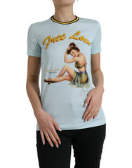 Dolce & Gabbana Light Blue Cotton Free Love Crew Neck T-shirt - IT36 | XS - T-Shirts