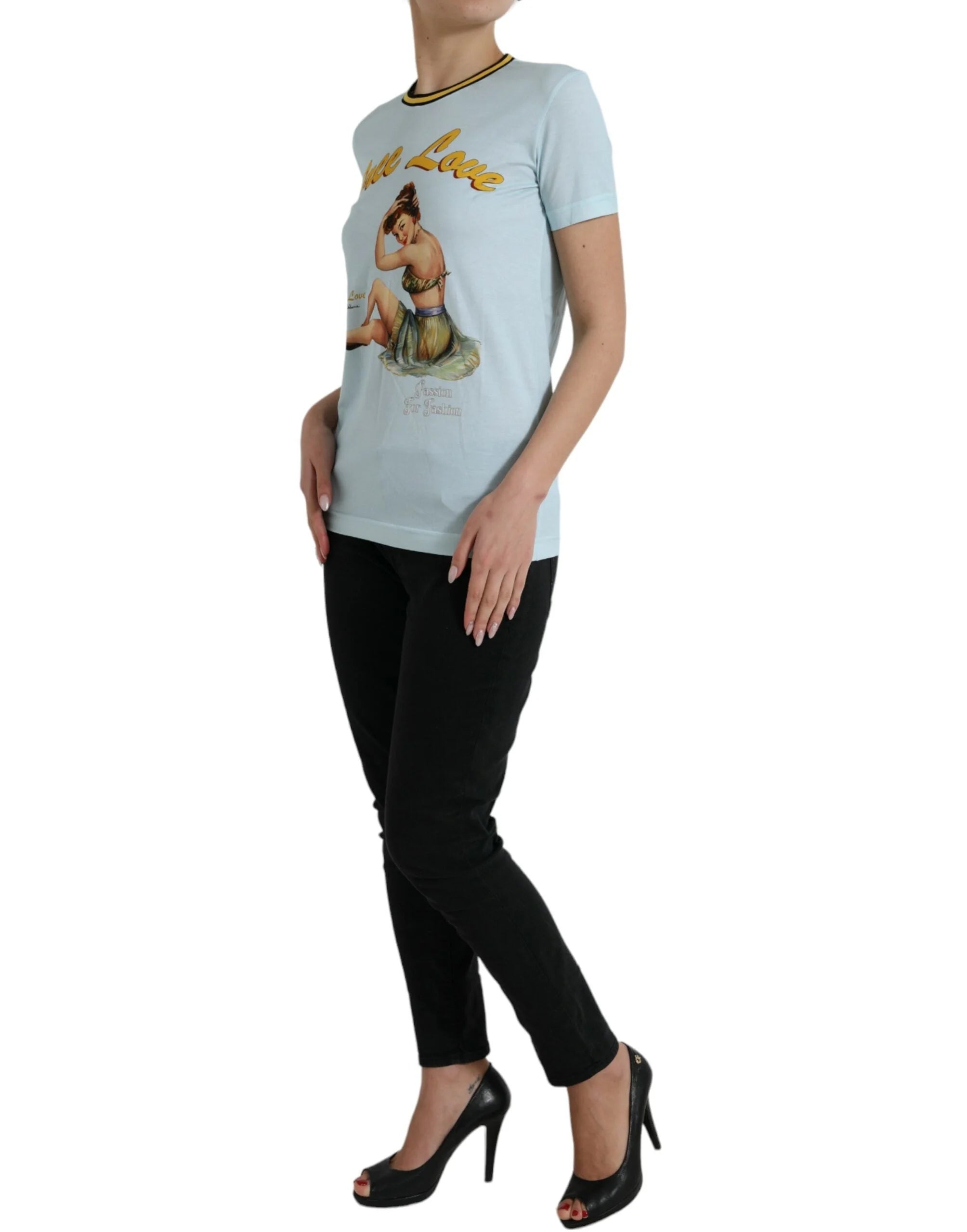 Dolce & Gabbana Light Blue Cotton Free Love Crew Neck T-shirt - IT36 | XS - T-Shirts